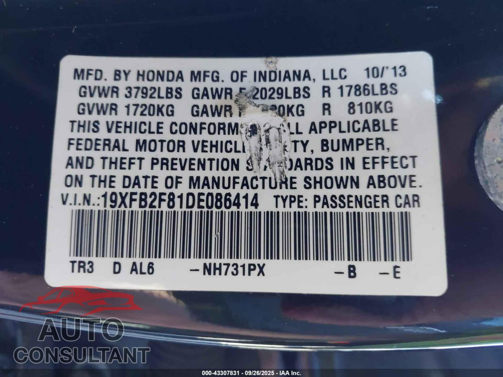 HONDA CIVIC 2013 - 19XFB2F81DE086414