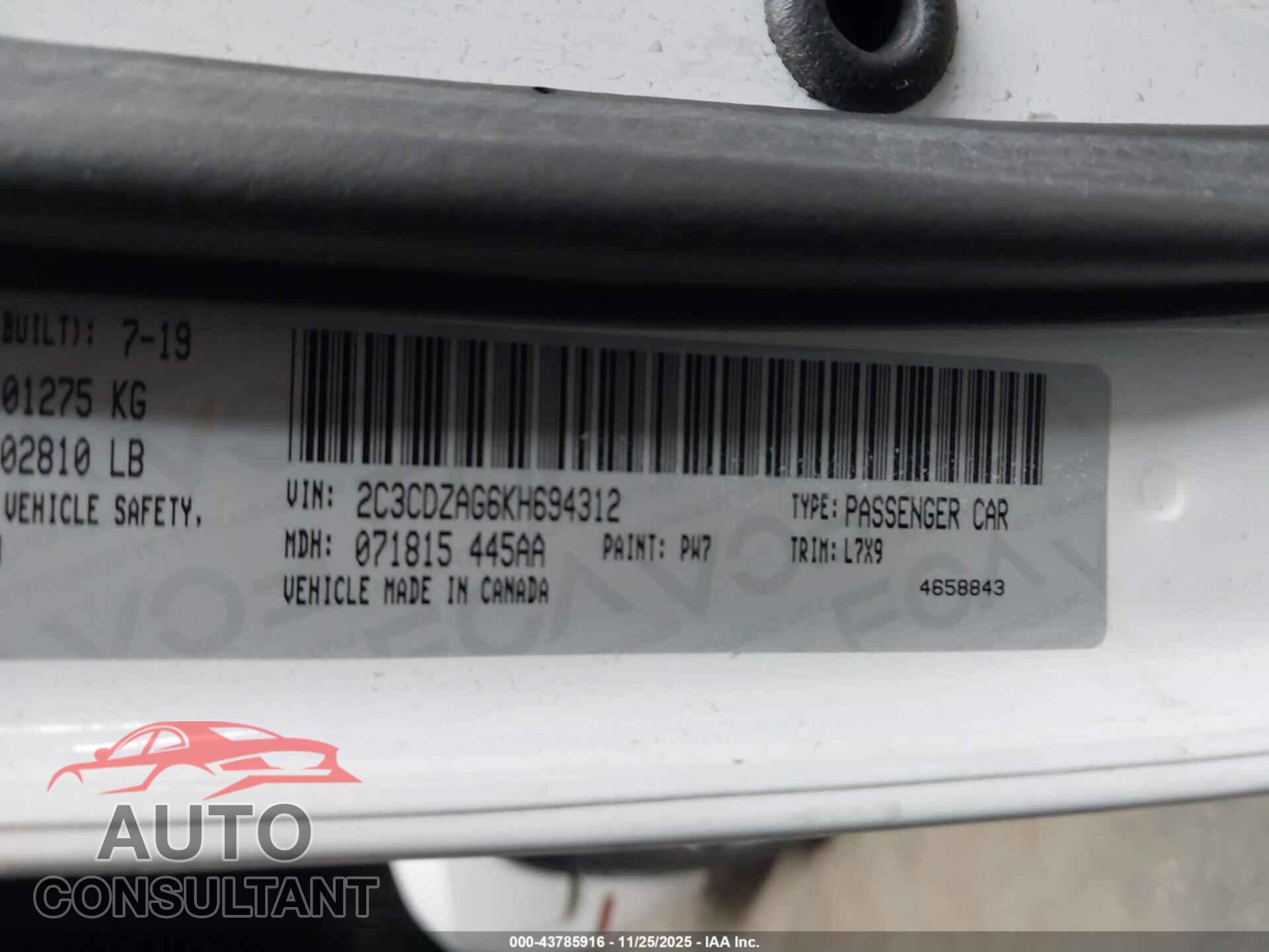 DODGE CHALLENGER 2019 - 2C3CDZAG6KH694312
