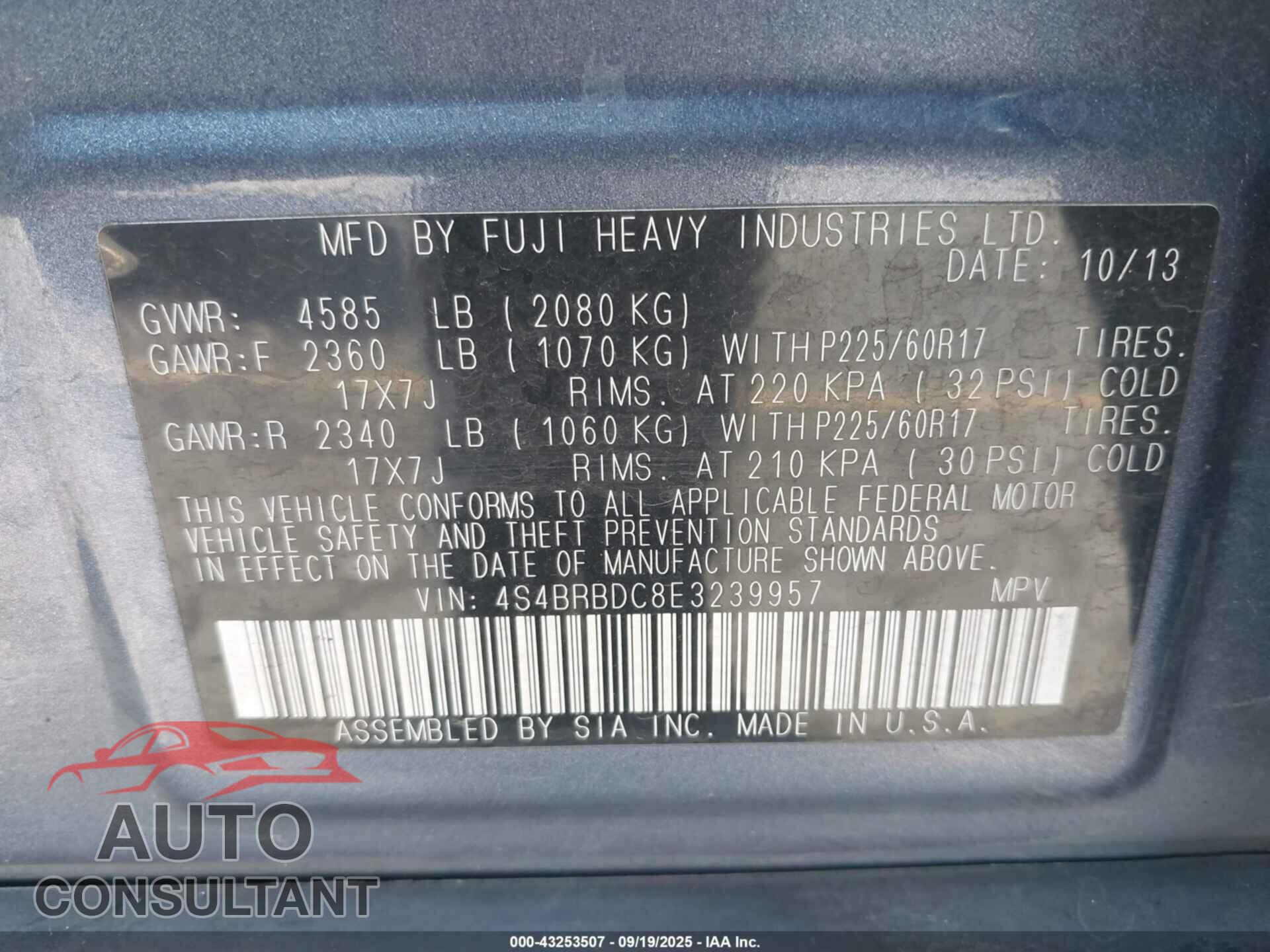 SUBARU OUTBACK 2014 - 4S4BRBDC8E3239957