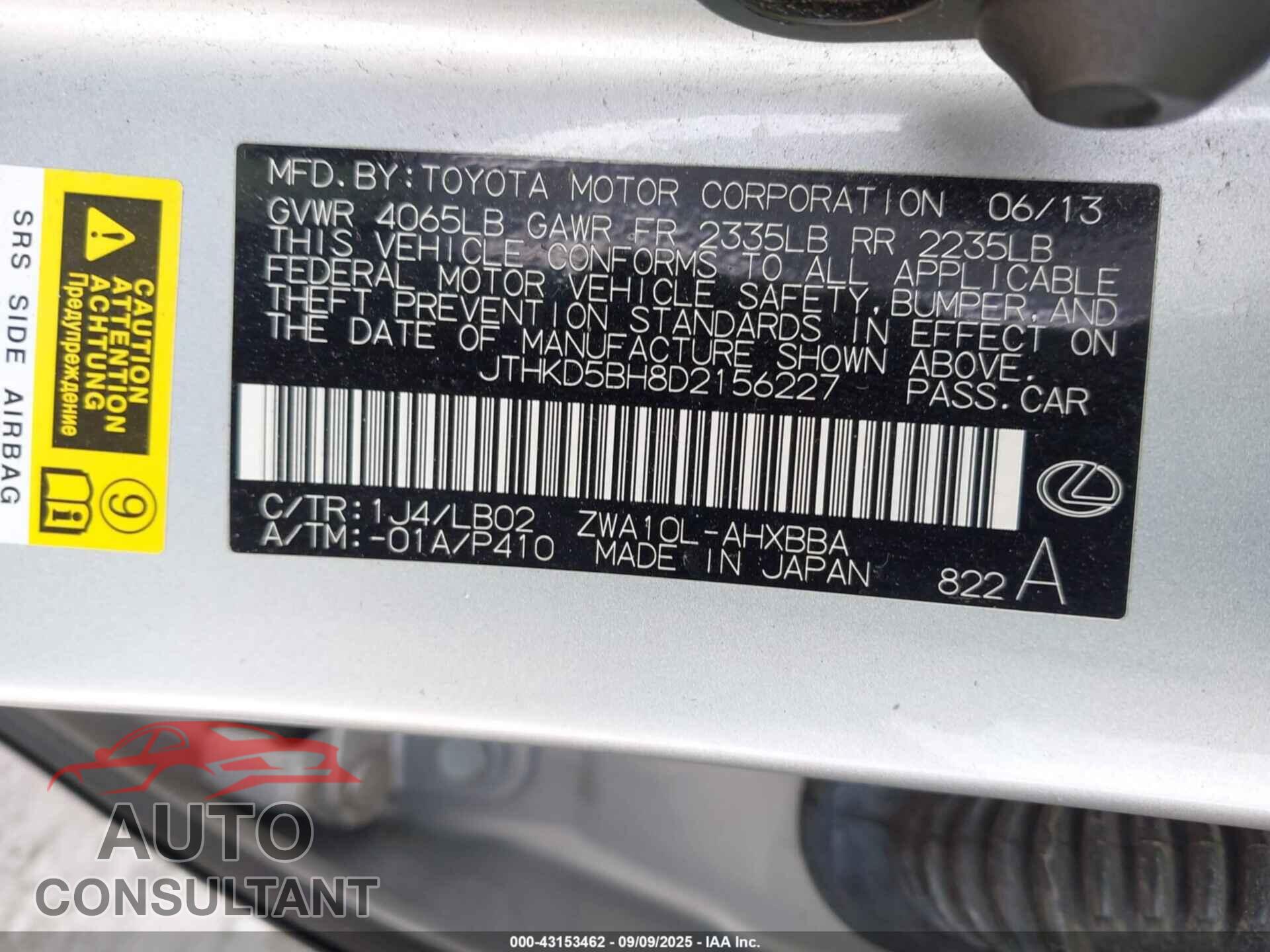 LEXUS CT 200H 2013 - JTHKD5BH8D2156227