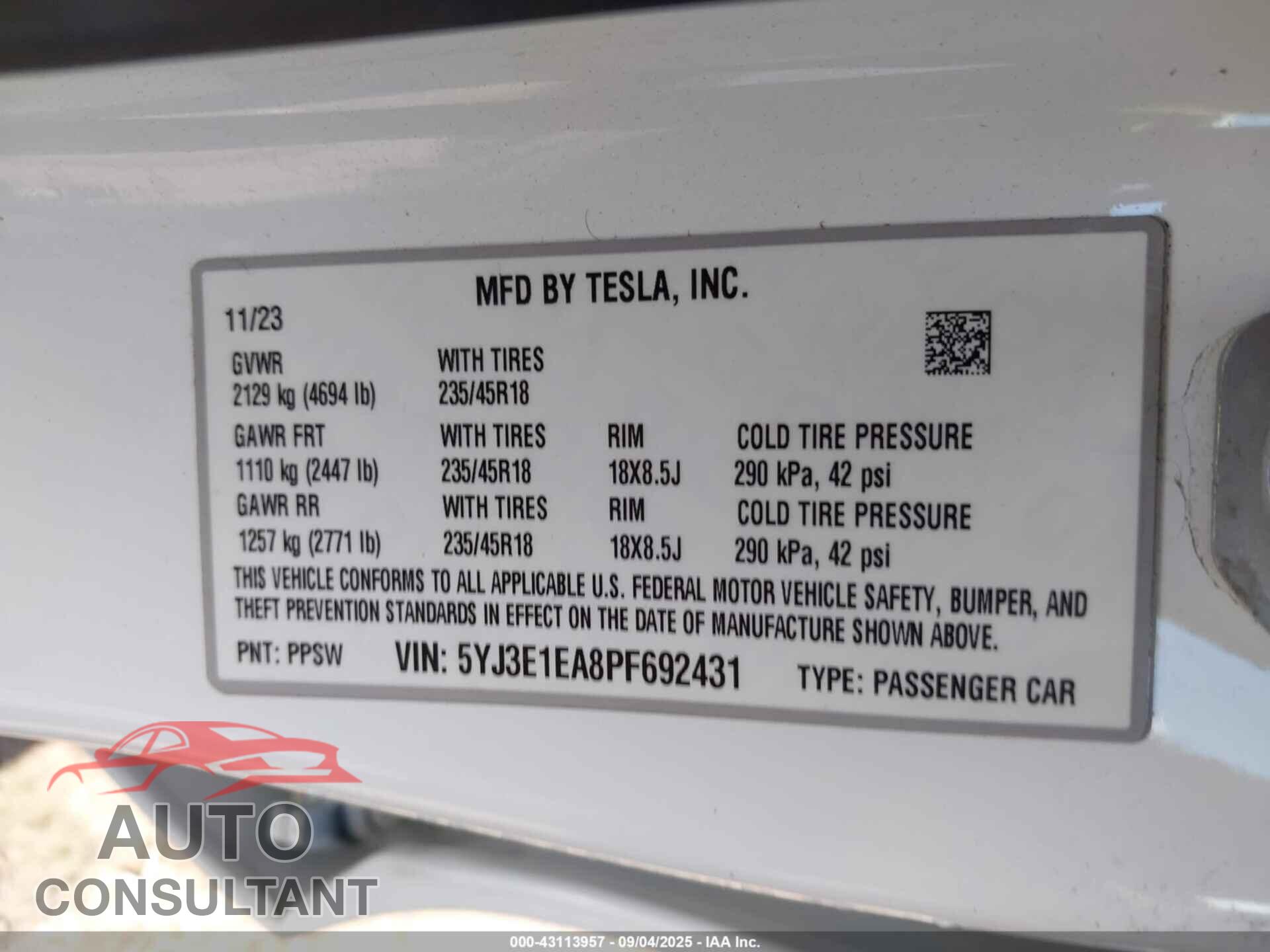 TESLA MODEL 3 2023 - 5YJ3E1EA8PF692431