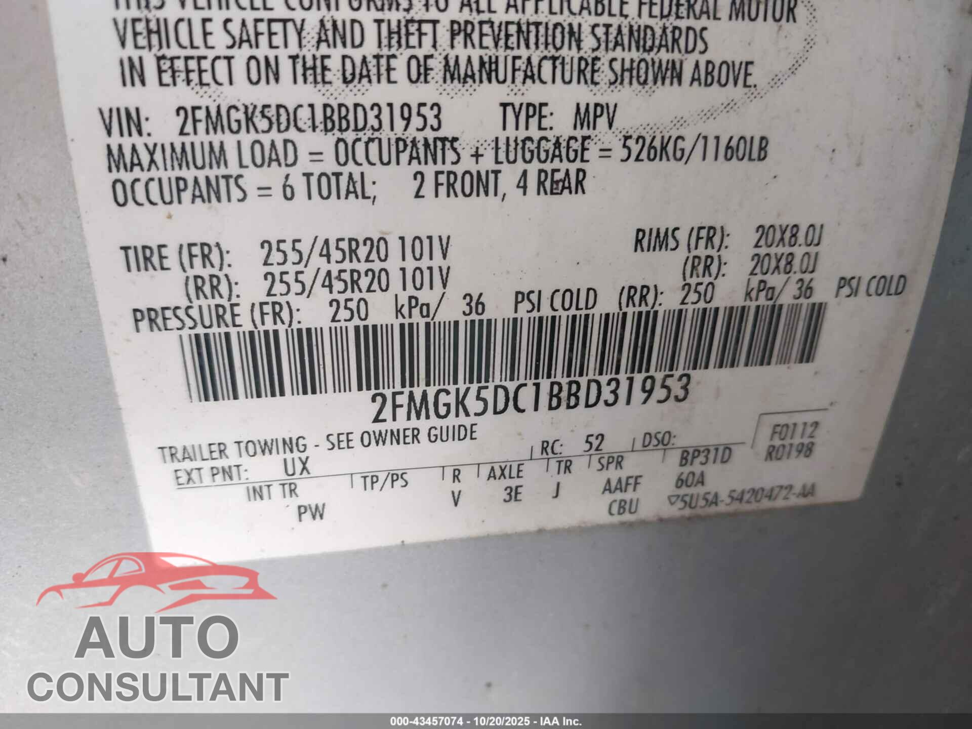 FORD FLEX 2011 - 2FMGK5DC1BBD31953