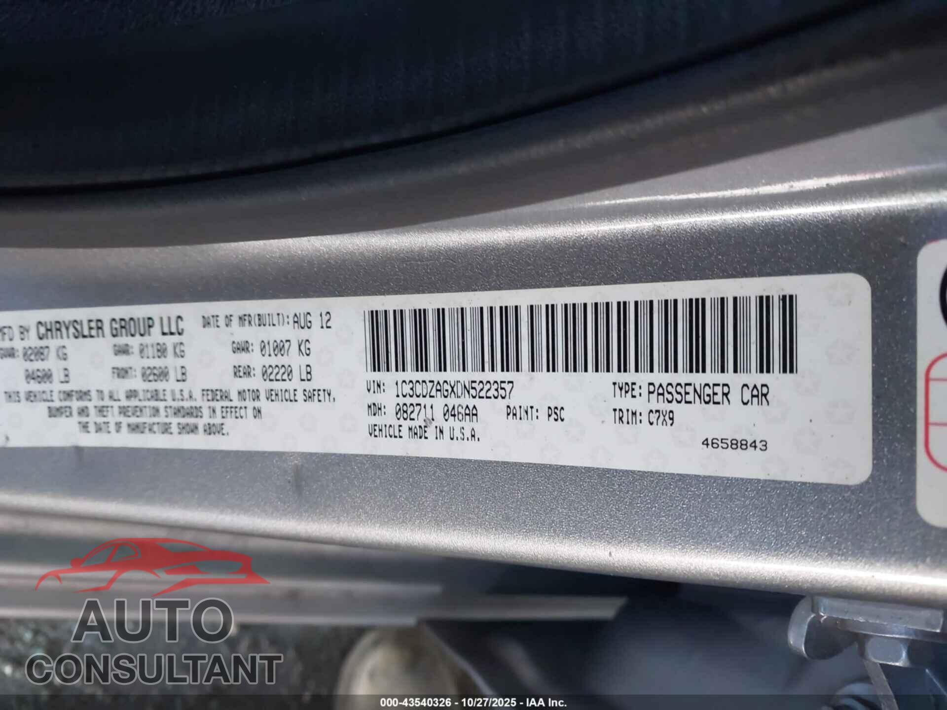 DODGE AVENGER 2013 - 1C3CDZAGXDN522357