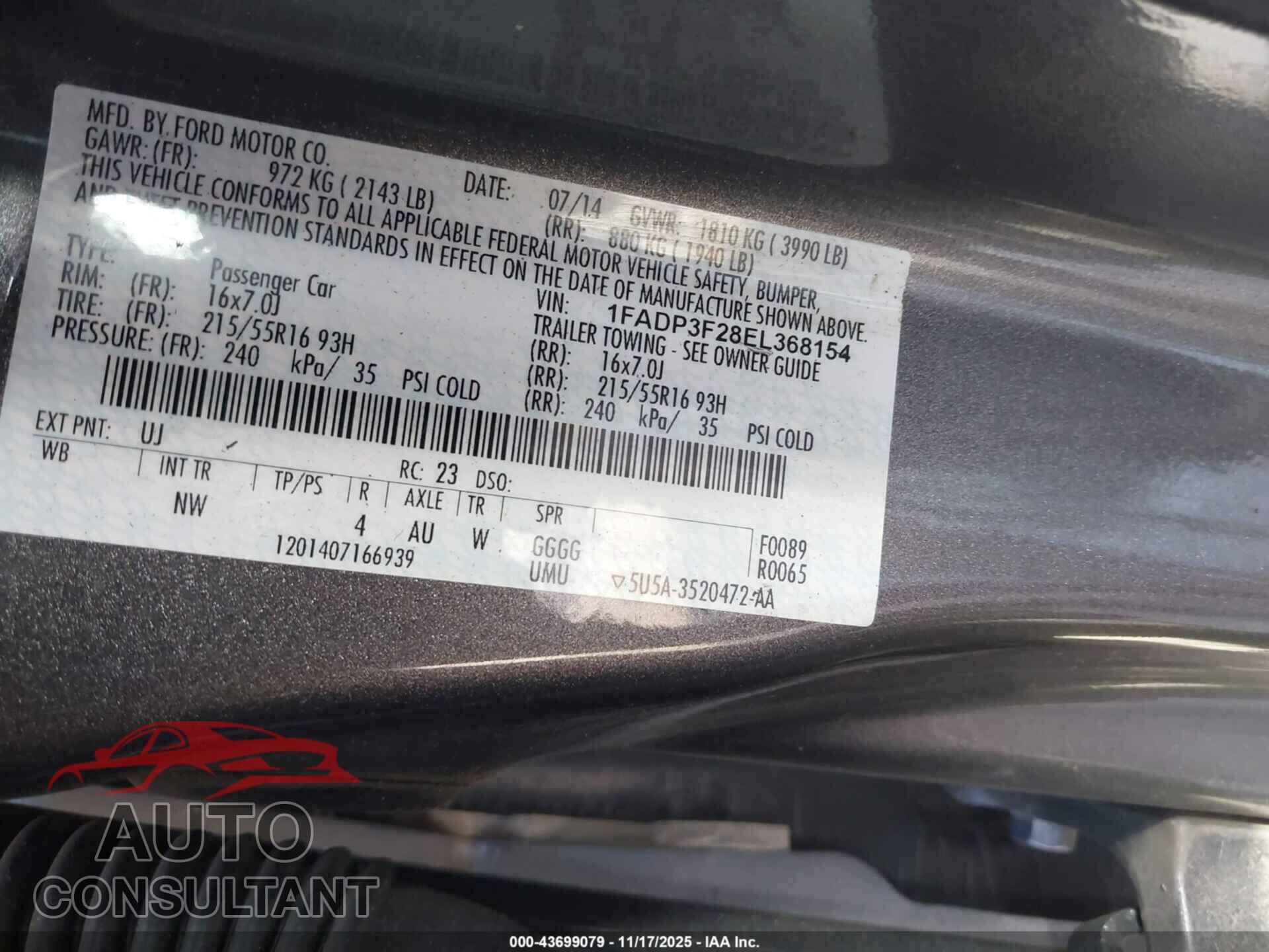 FORD FOCUS 2014 - 1FADP3F28EL368154