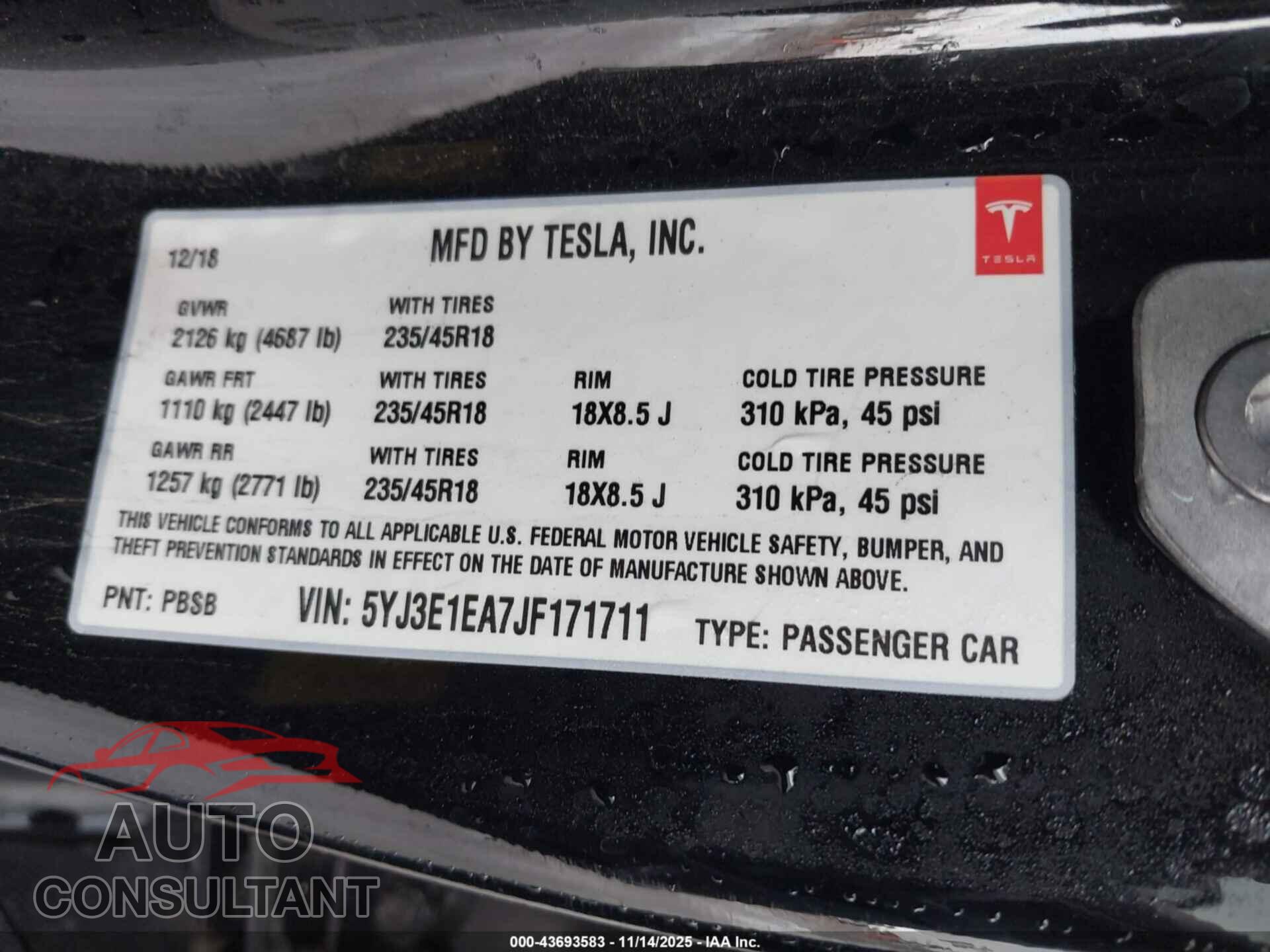 TESLA MODEL 3 2018 - 5YJ3E1EA7JF171711
