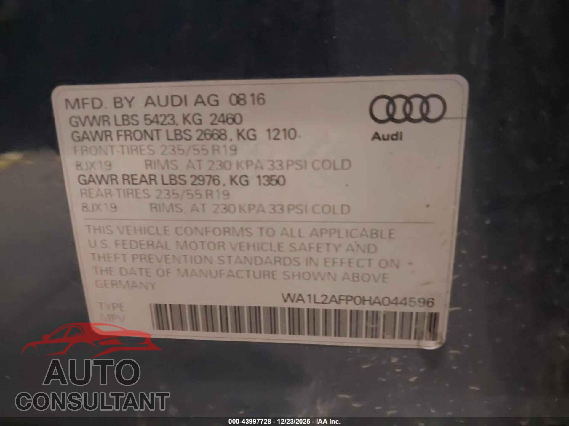 AUDI Q5 2017 - WA1L2AFP0HA044596