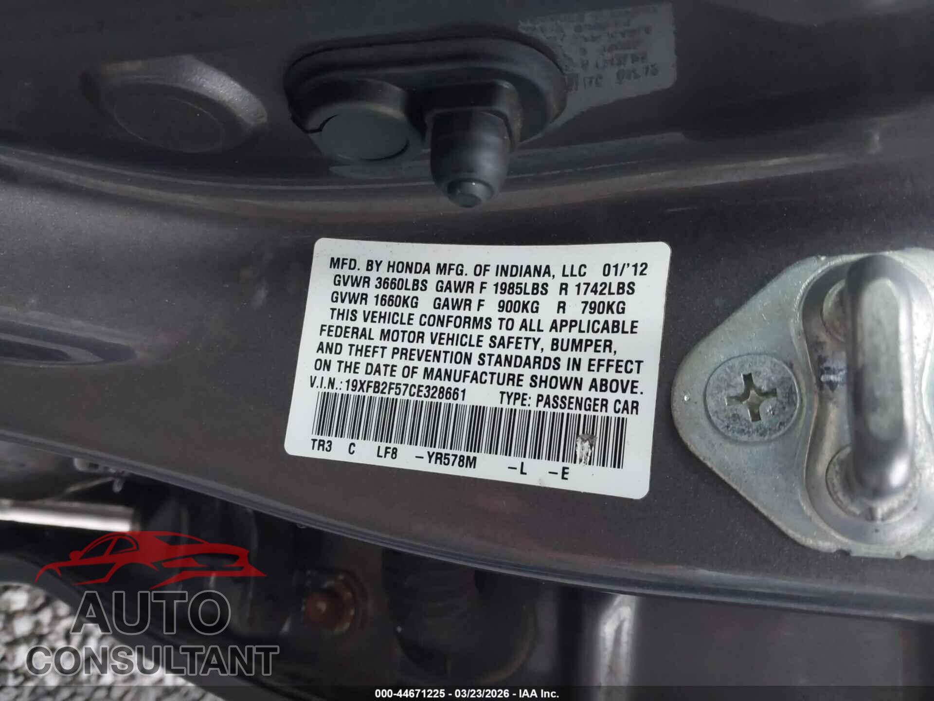 HONDA CIVIC 2012 - 19XFB2F57CE328661