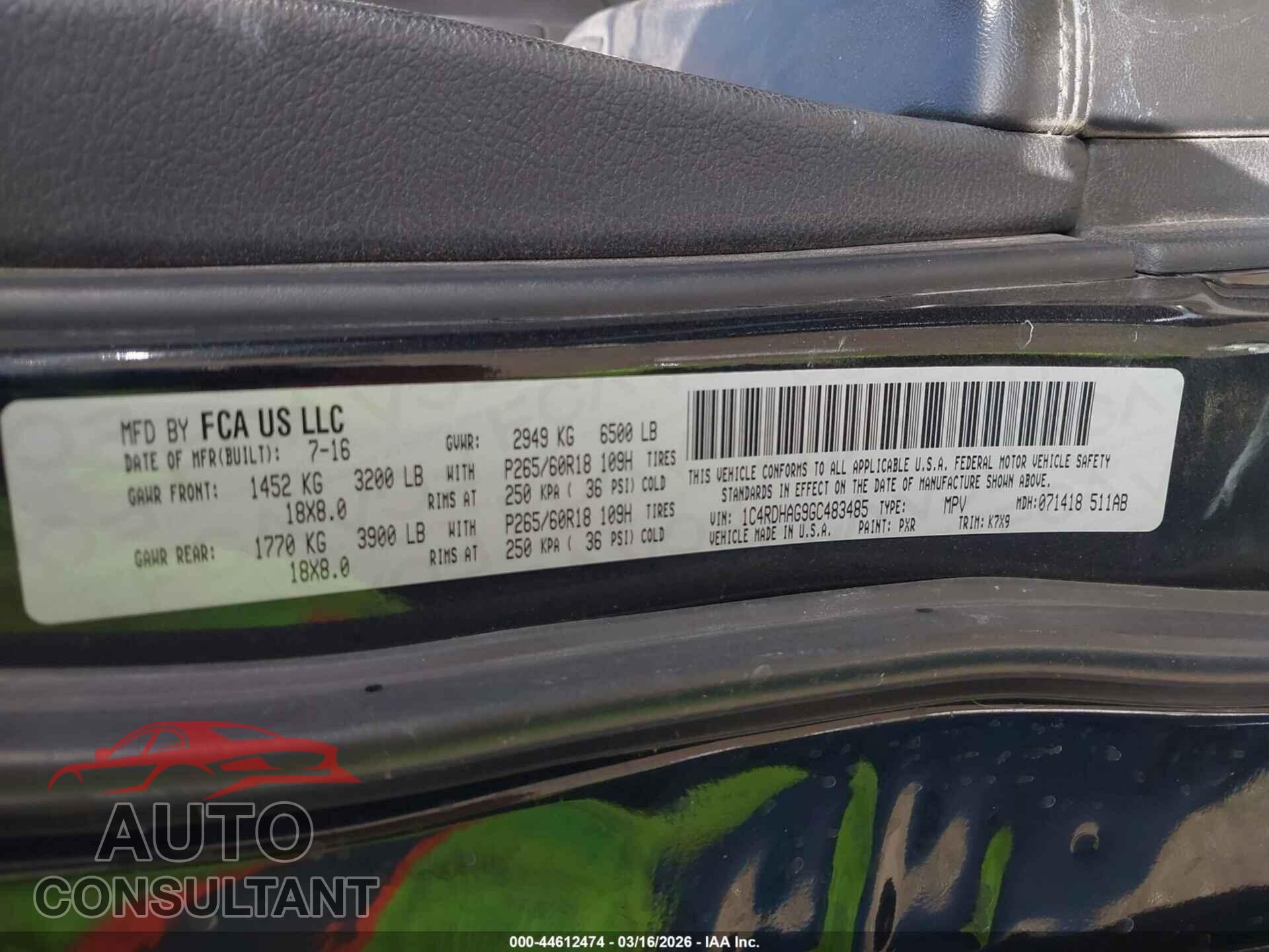 DODGE DURANGO 2016 - 1C4RDHAG9GC483485