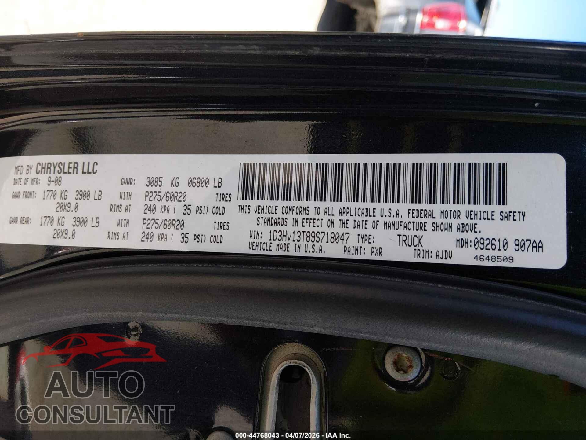 DODGE RAM 1500 2009 - 1D3HV13T89S718047