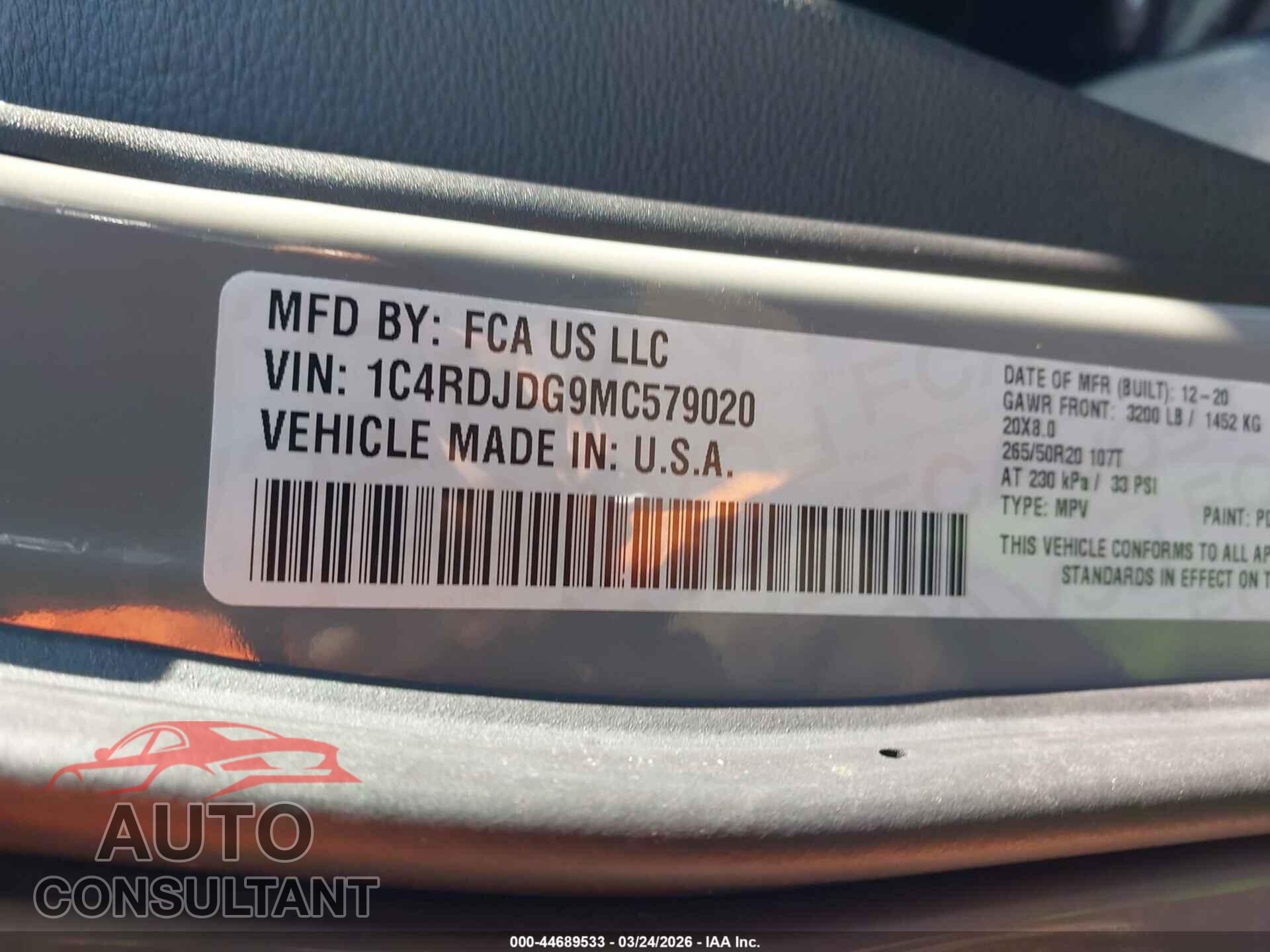 DODGE DURANGO 2021 - 1C4RDJDG9MC579020
