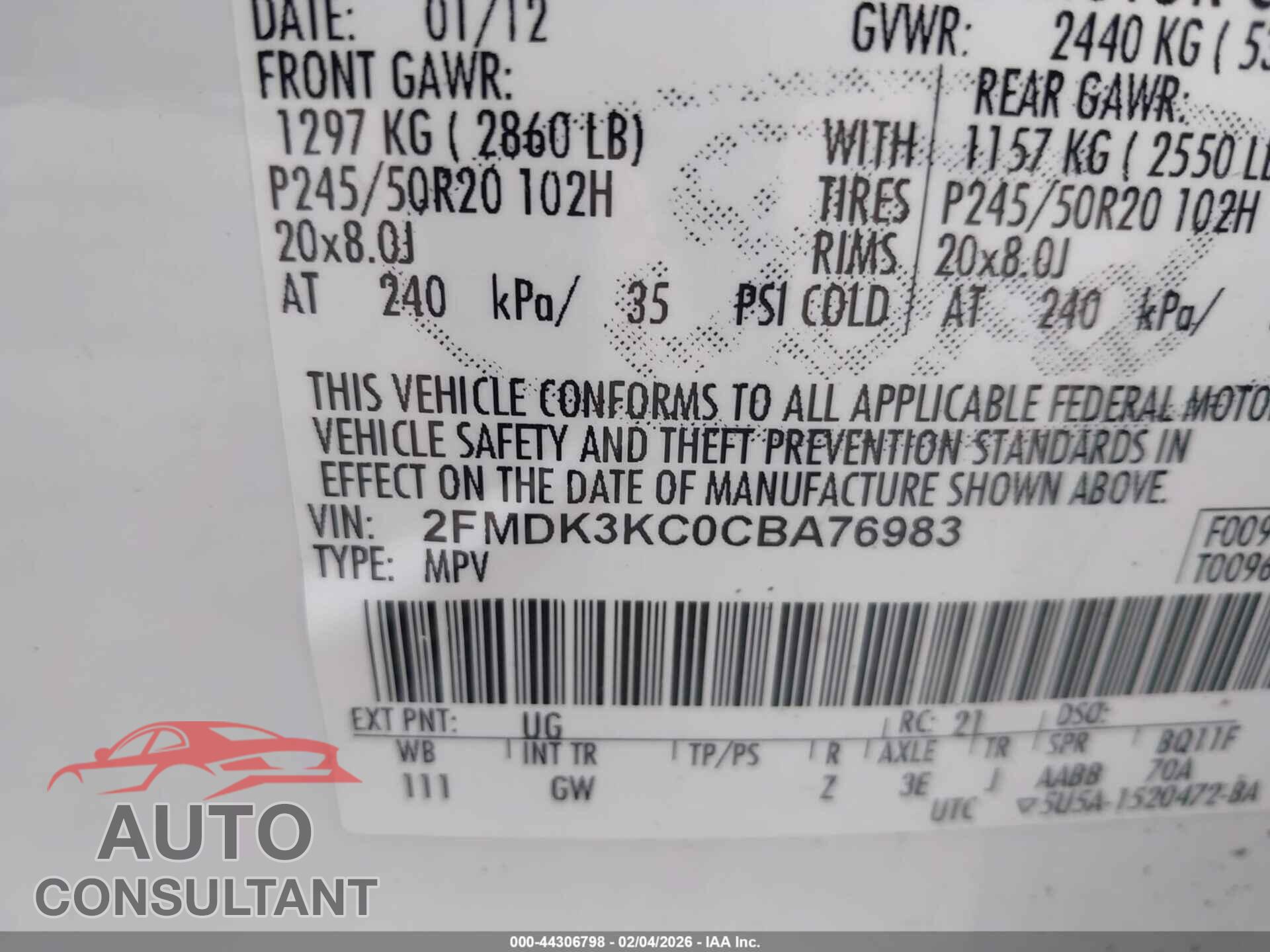 FORD EDGE 2012 - 2FMDK3KC0CBA76983