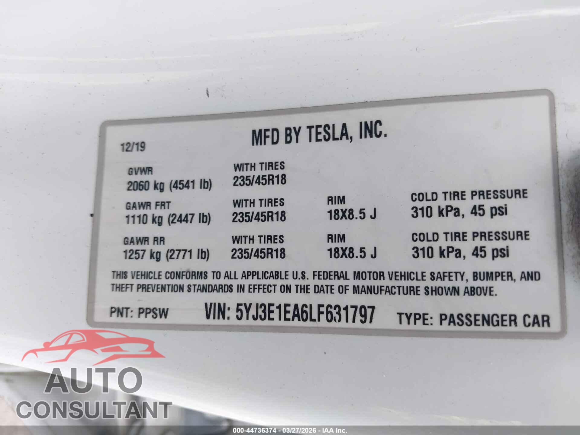 TESLA MODEL 3 2020 - 5YJ3E1EA6LF631797