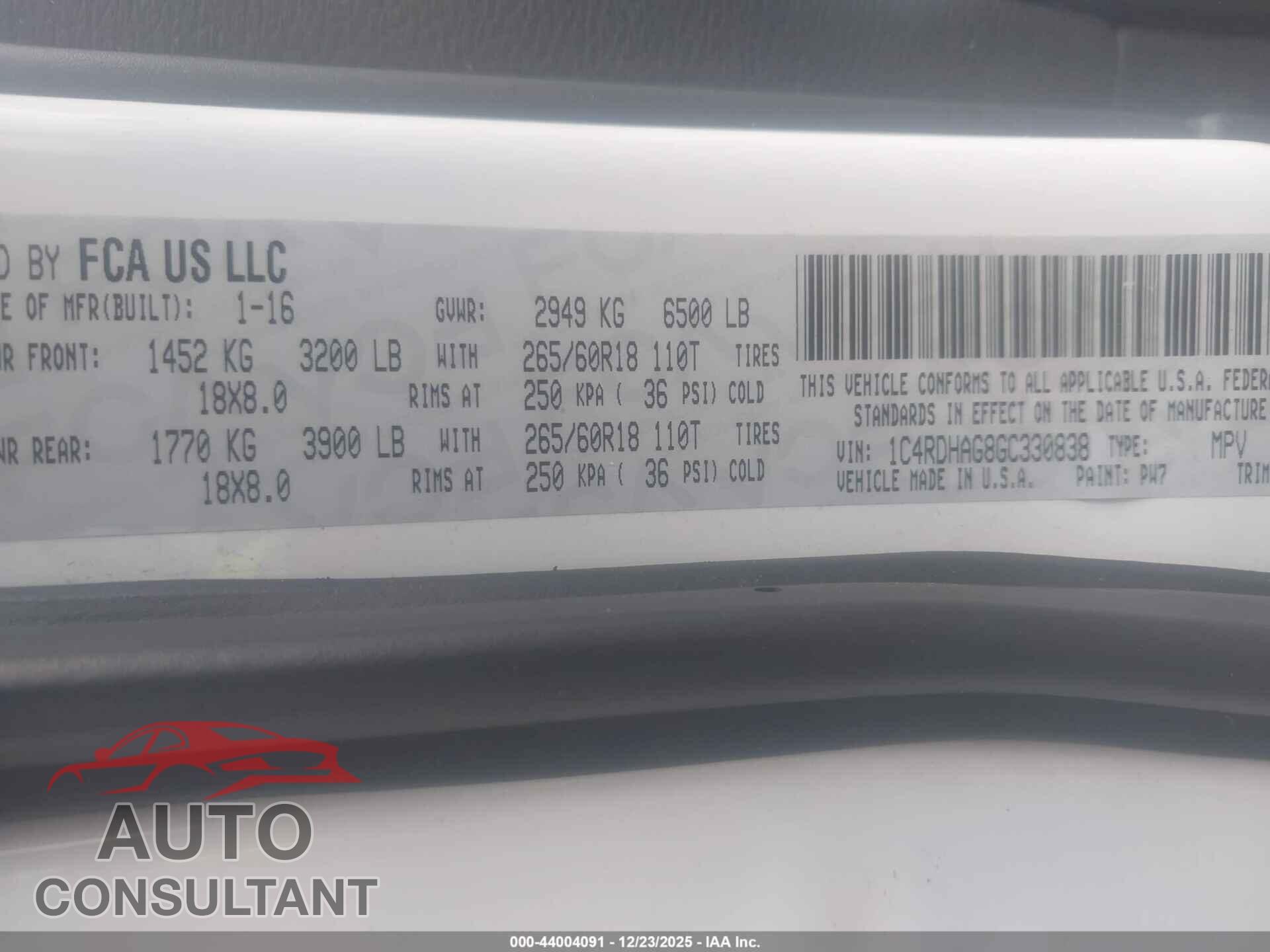 DODGE DURANGO 2016 - 1C4RDHAG8GC330838