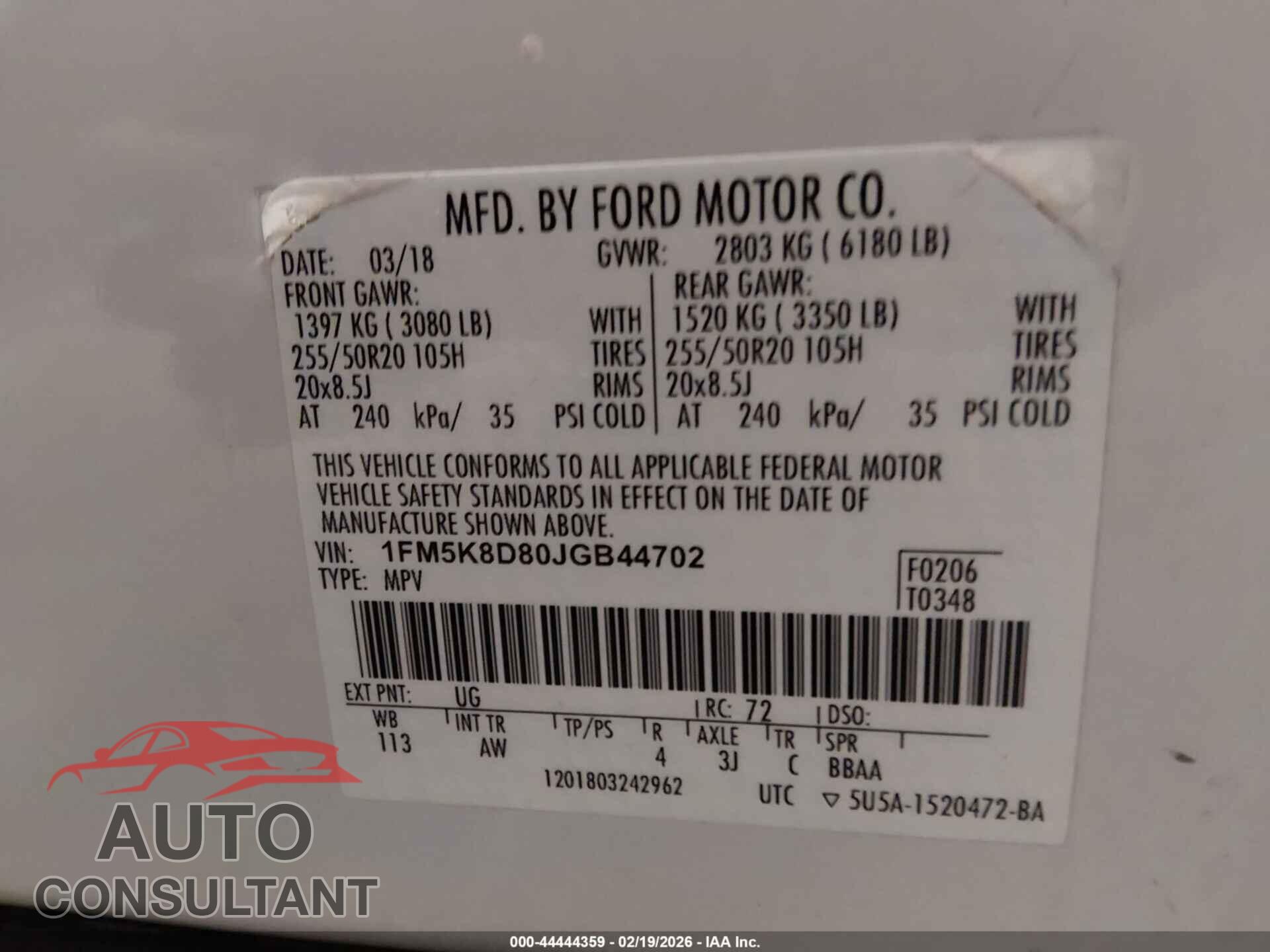 FORD EXPLORER 2018 - 1FM5K8D80JGB44702