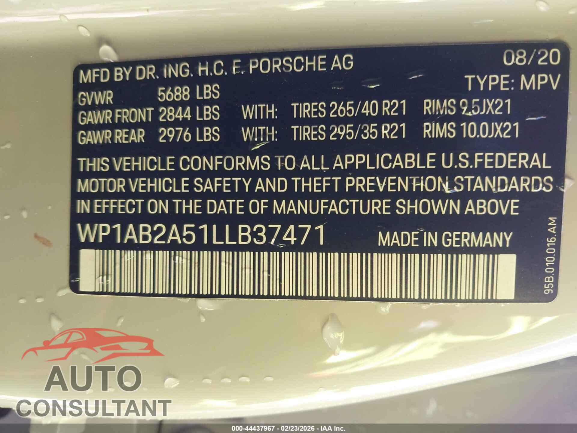 PORSCHE MACAN 2020 - WP1AB2A51LLB37471