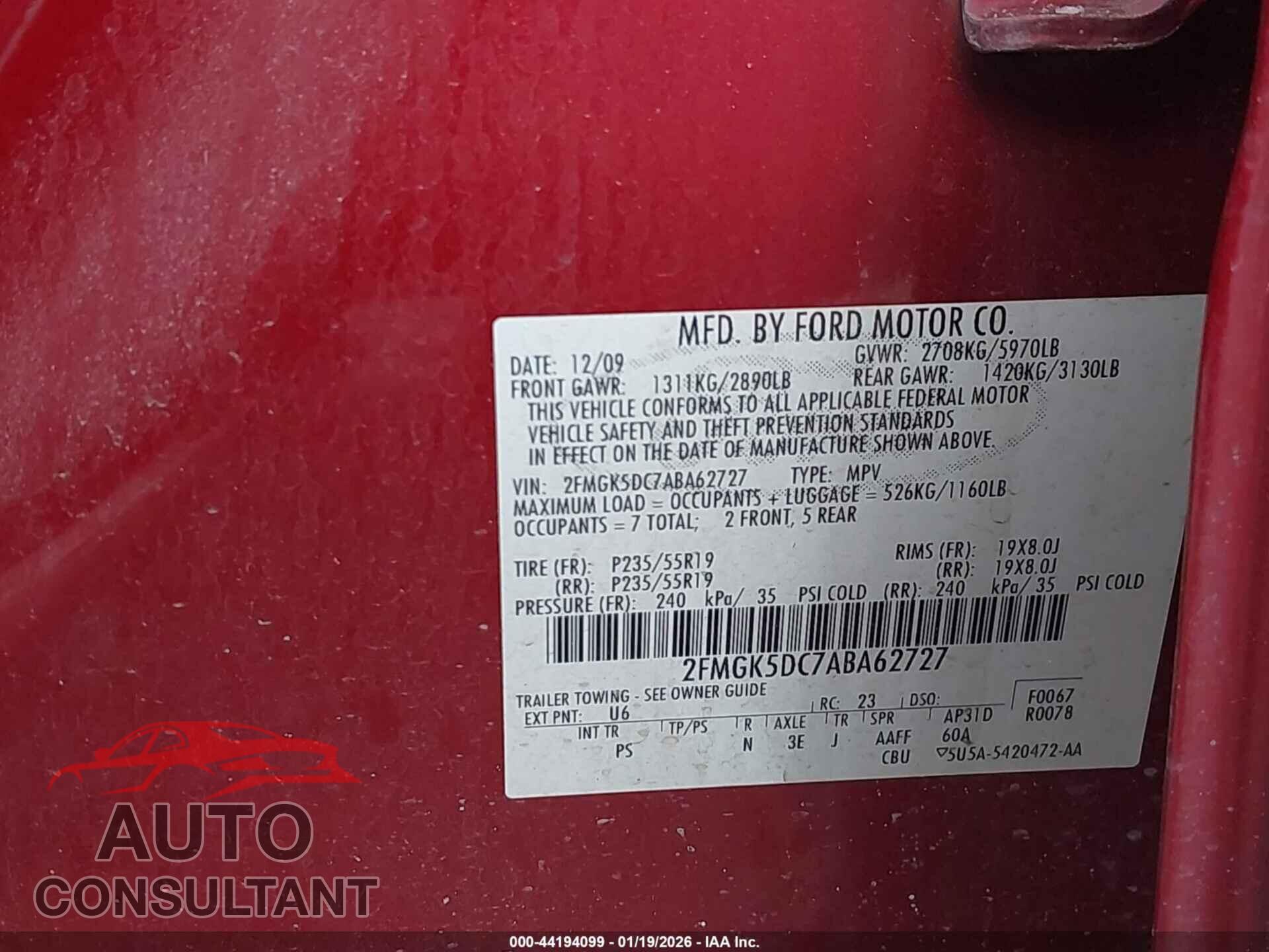 FORD FLEX 2010 - 2FMGK5DC7ABA62727