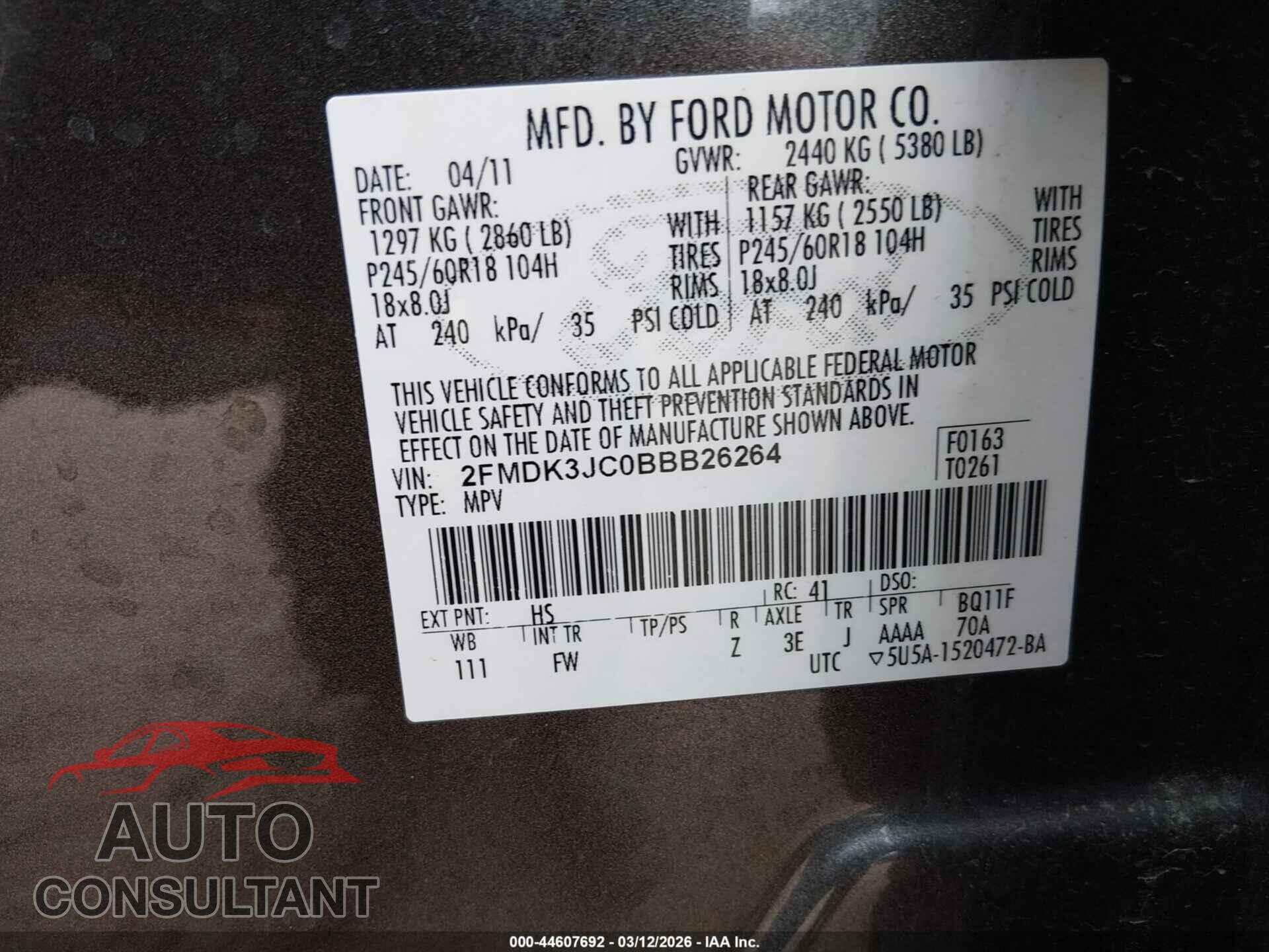 FORD EDGE 2011 - 2FMDK3JC0BBB26264