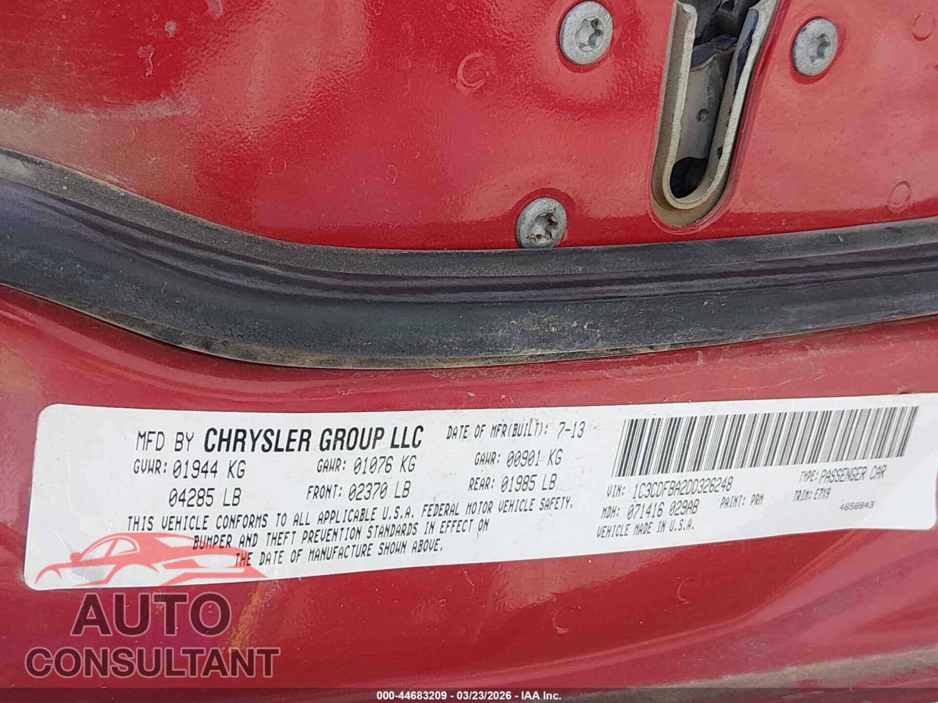 DODGE DART 2013 - 1C3CDFBA2DD326248