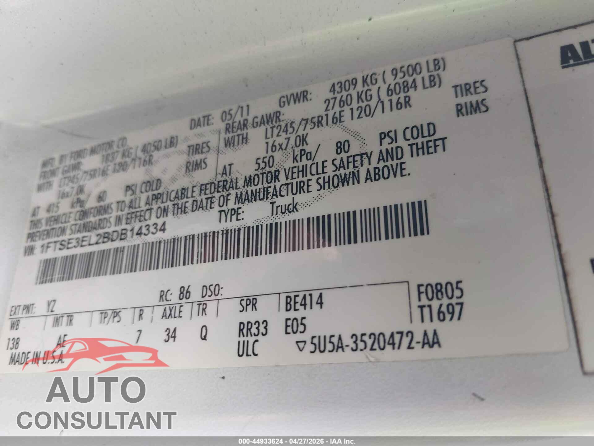 FORD ECONOLINE 2011 - 1FTSE3EL2BDB14334