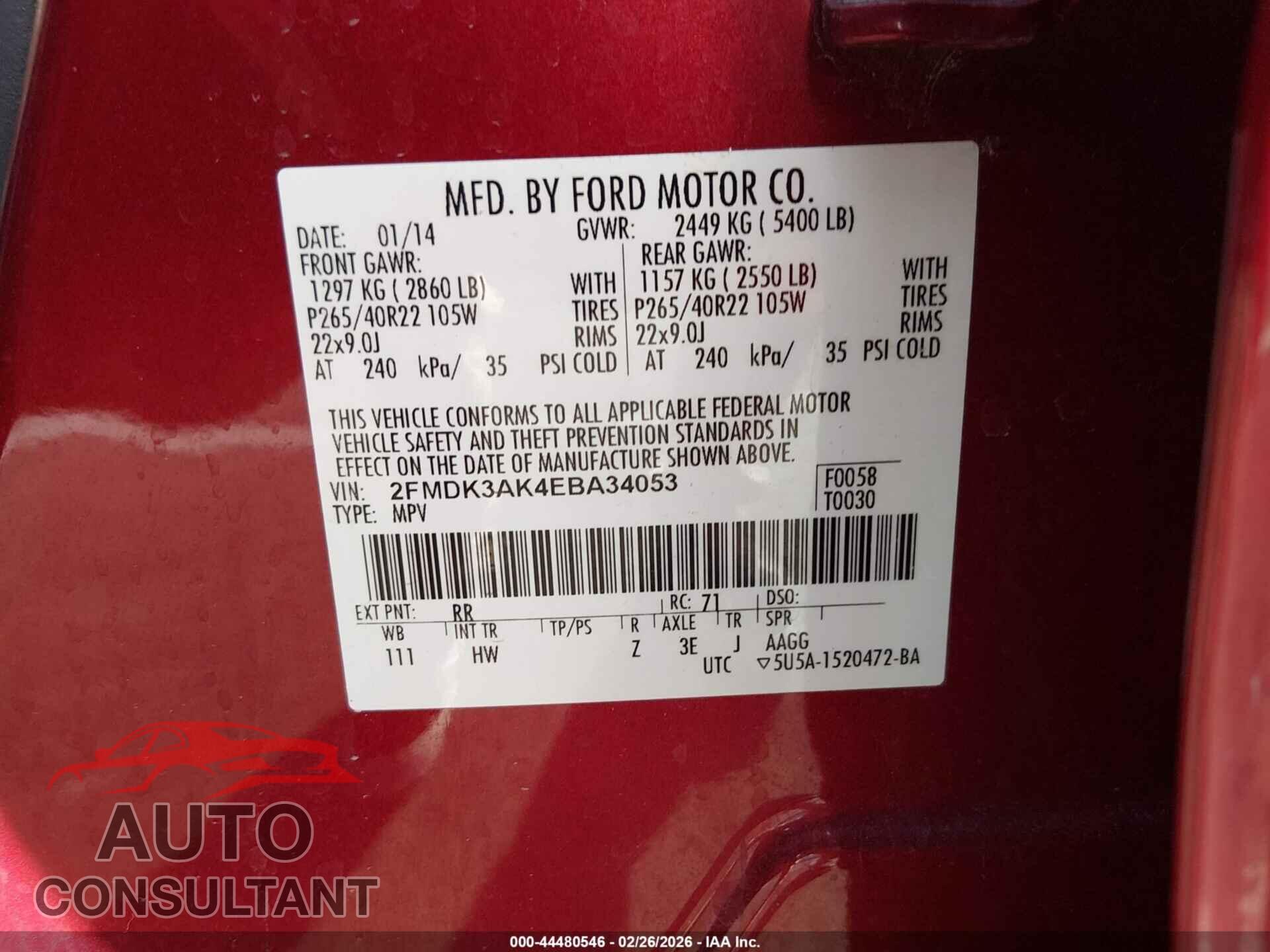 FORD EDGE 2014 - 2FMDK3AK4EBA34053