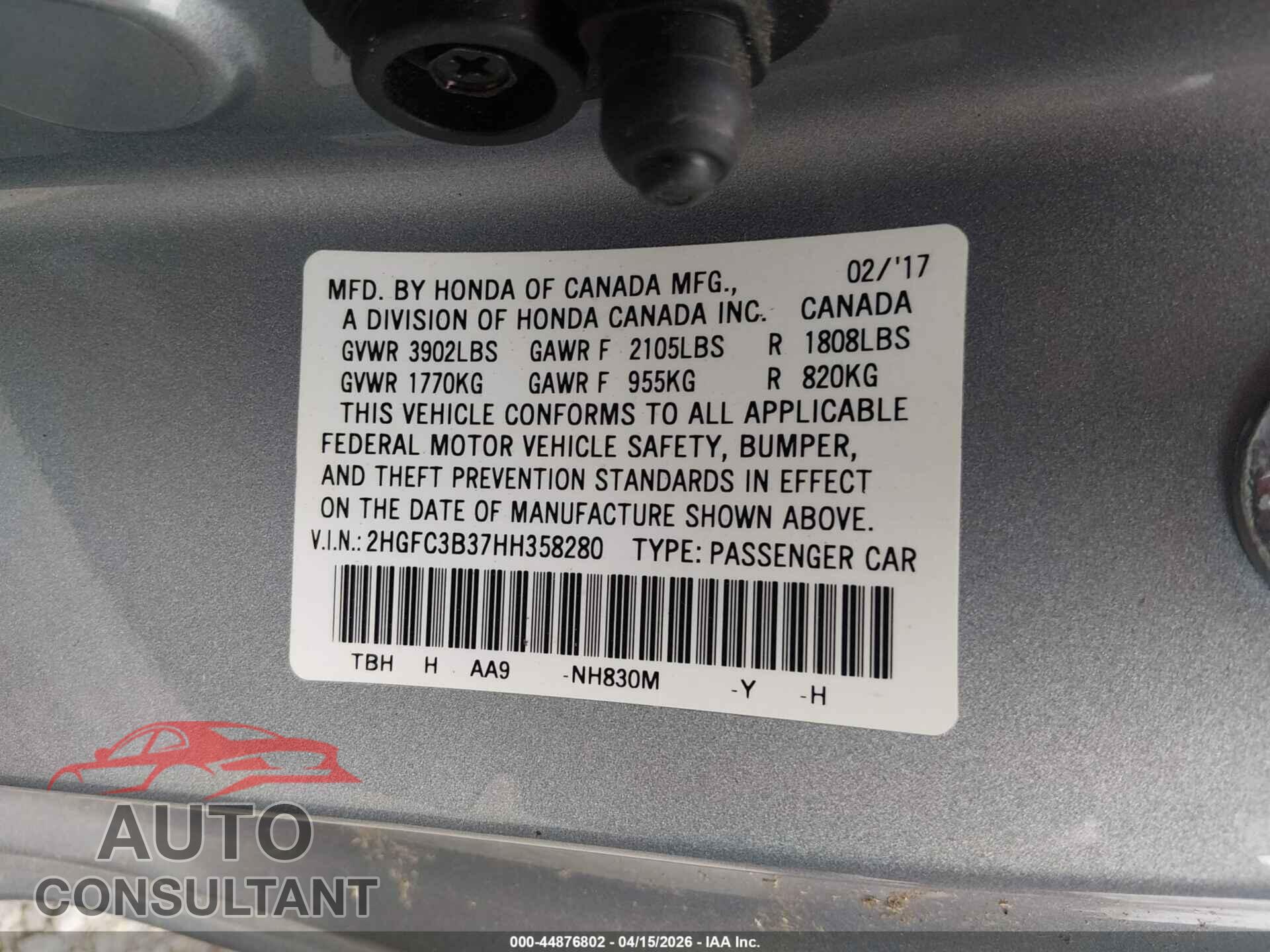 HONDA CIVIC 2017 - 2HGFC3B37HH358280
