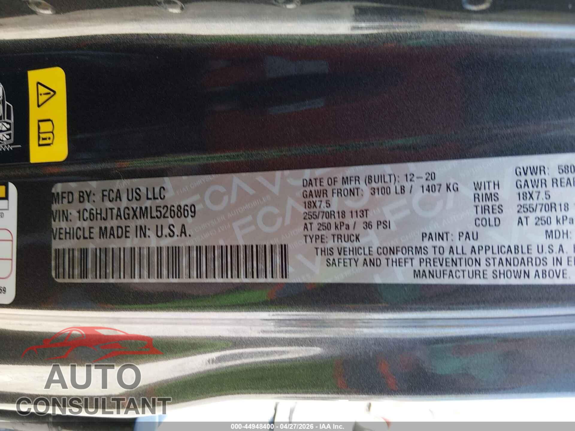 JEEP GLADIATOR 2021 - 1C6HJTAGXML526869