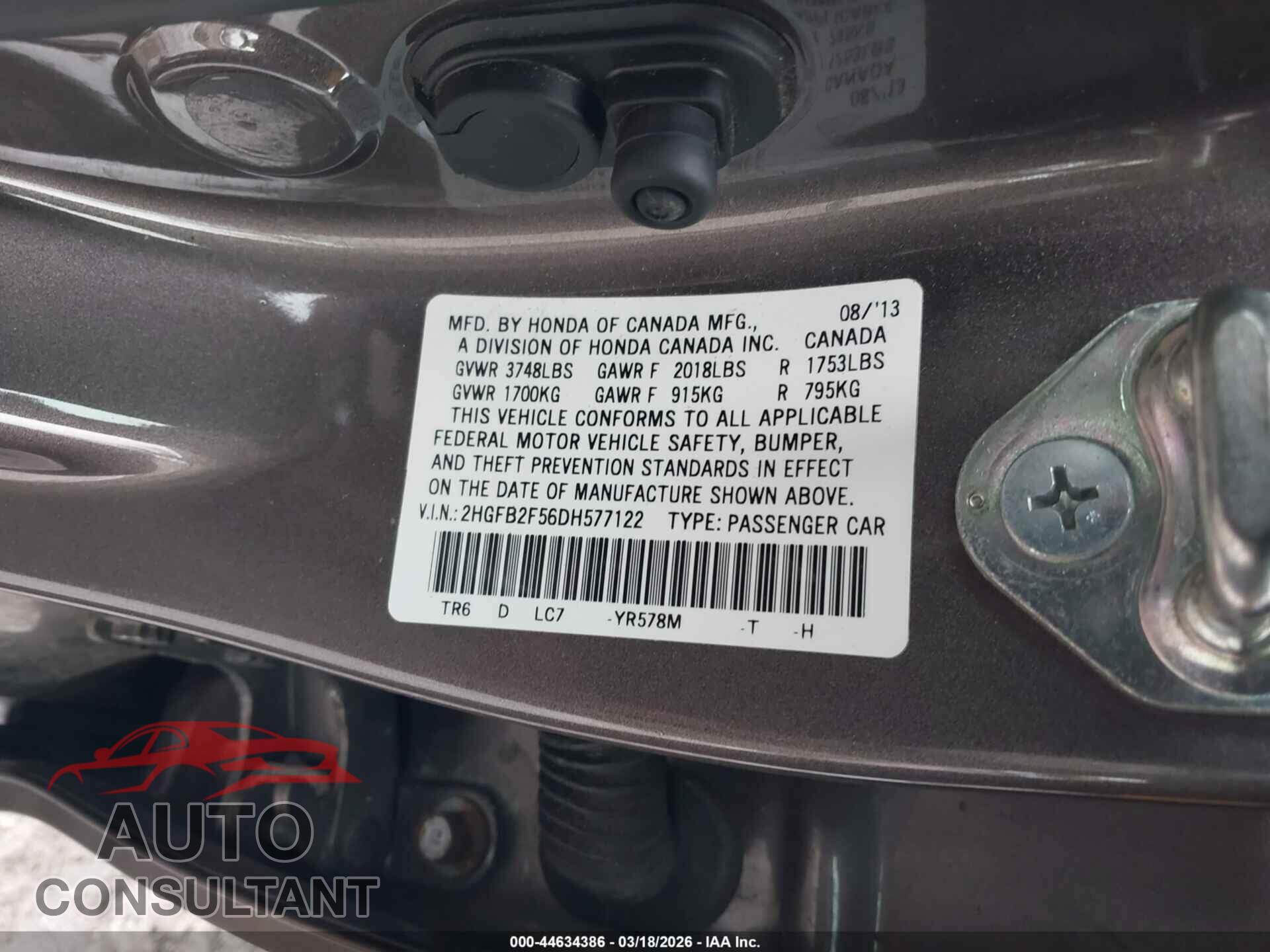 HONDA CIVIC 2013 - 2HGFB2F56DH577122