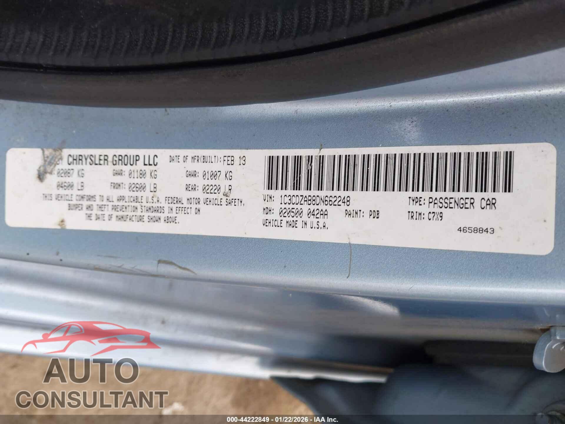 DODGE AVENGER 2013 - 1C3CDZAB8DN662248