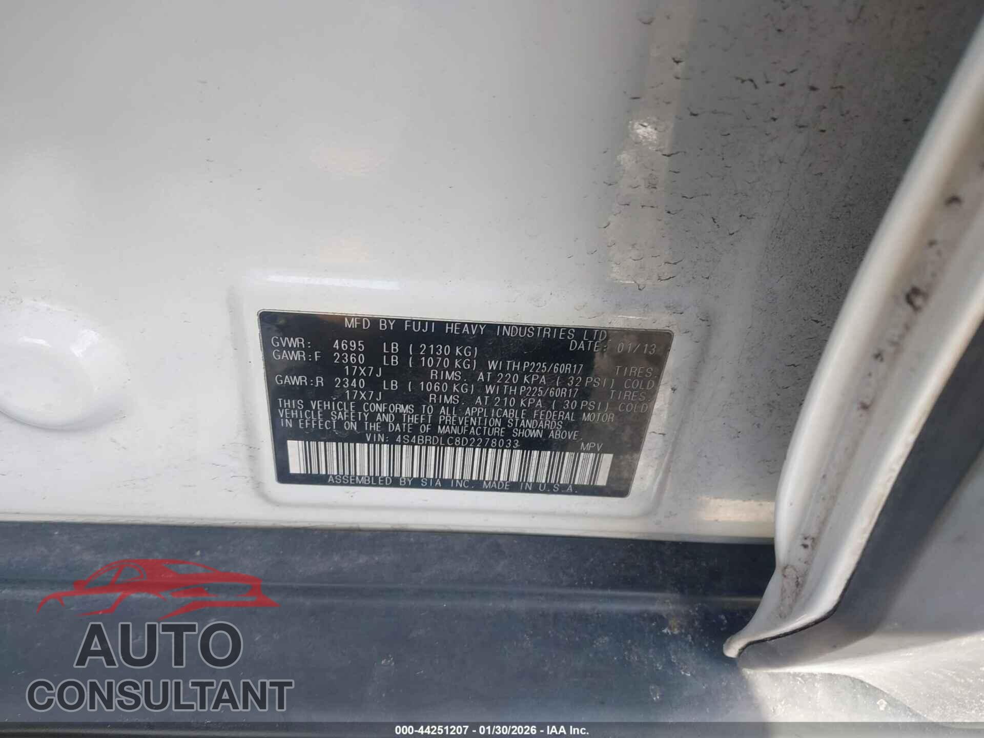 SUBARU OUTBACK 2013 - 4S4BRDLC8D2278033