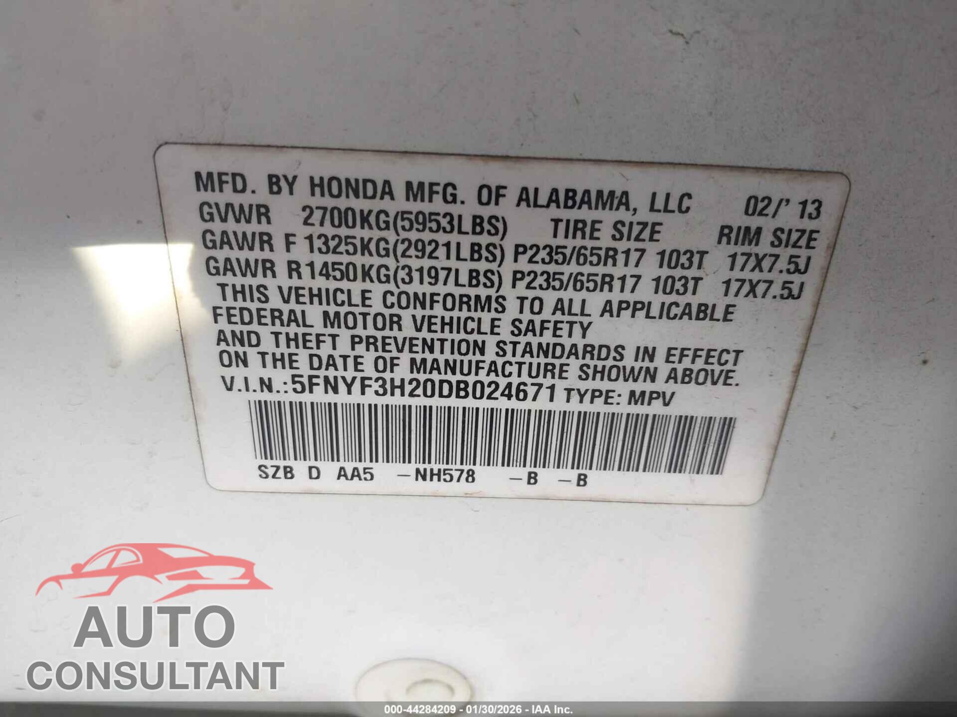 HONDA PILOT 2013 - 5FNYF3H20DB024671