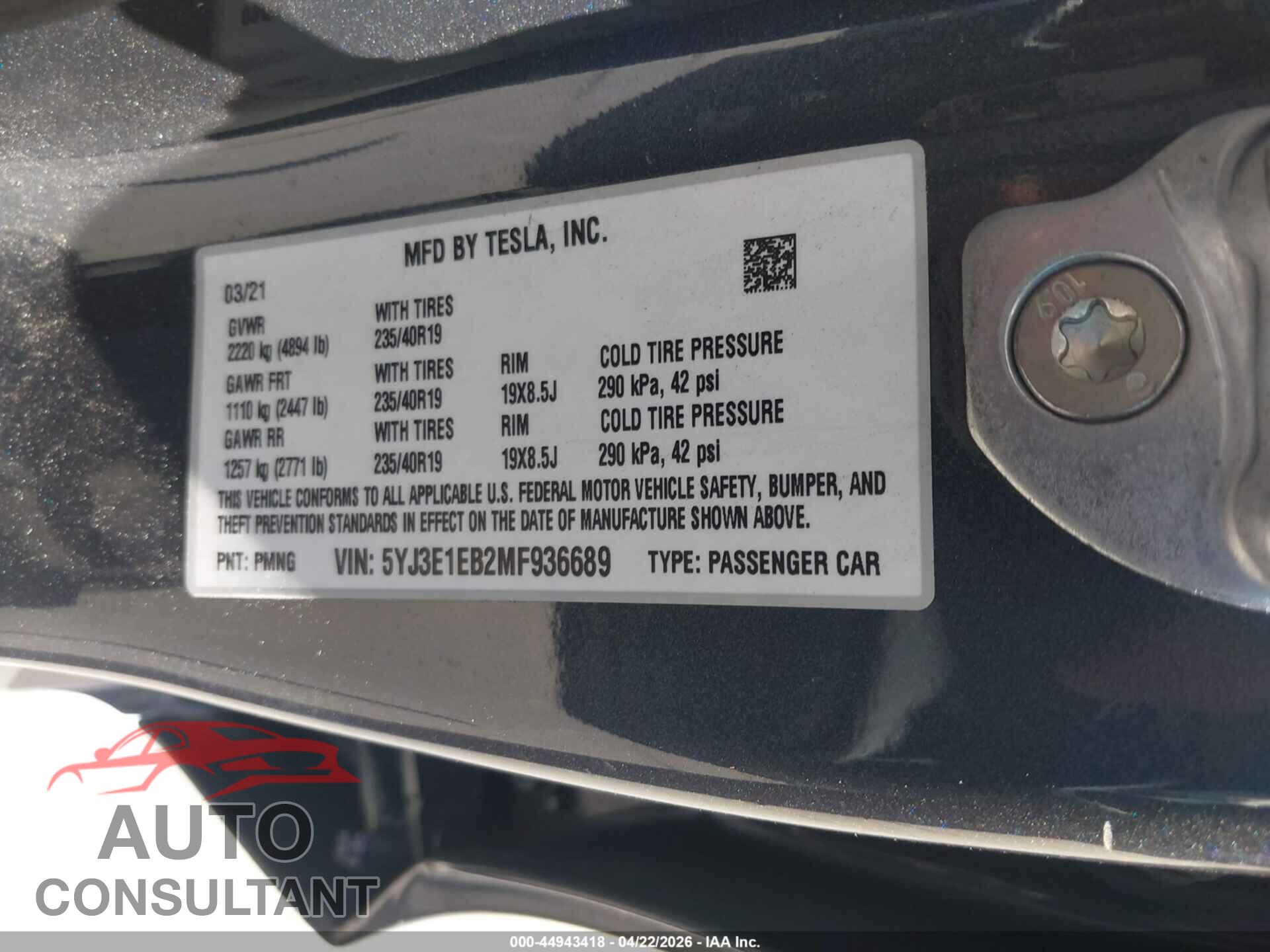 TESLA MODEL 3 2021 - 5YJ3E1EB2MF936689