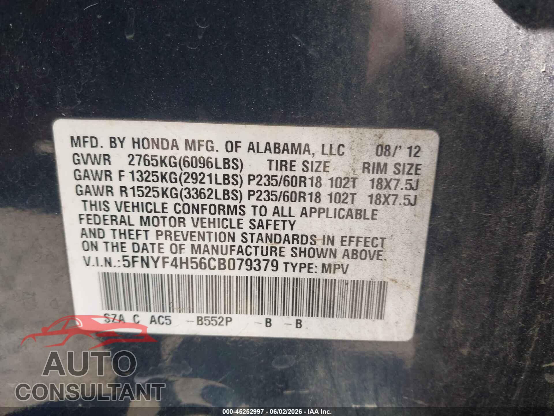 HONDA PILOT 2012 - 5FNYF4H56CB079379