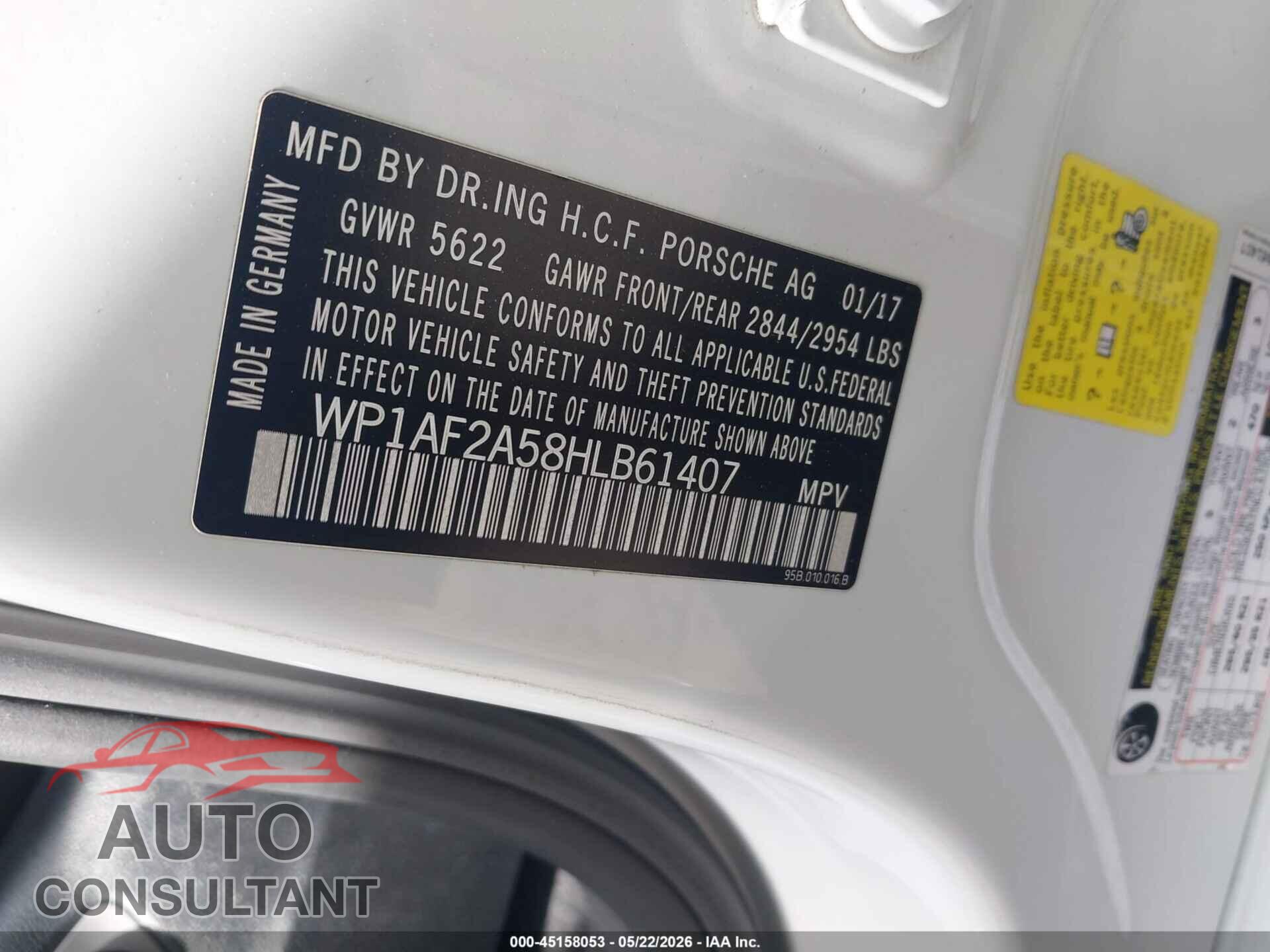 PORSCHE MACAN 2017 - WP1AF2A58HLB61407
