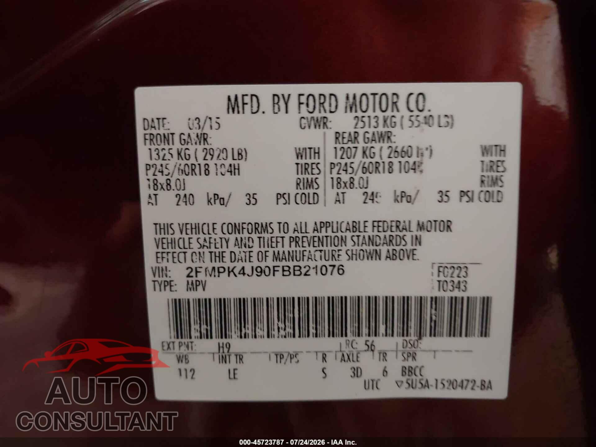 FORD EDGE 2015 - 2FMPK4J90FBB21076