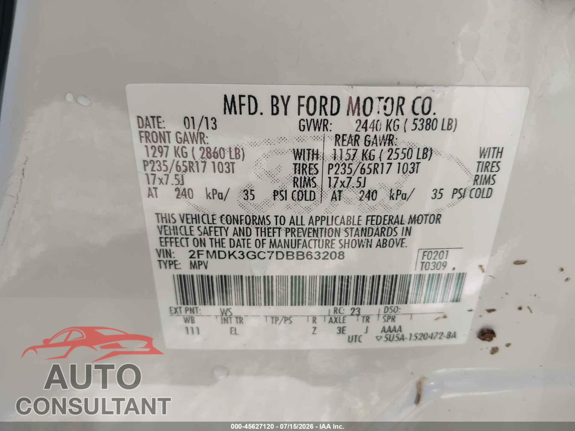 FORD EDGE 2013 - 2FMDK3GC7DBB63208