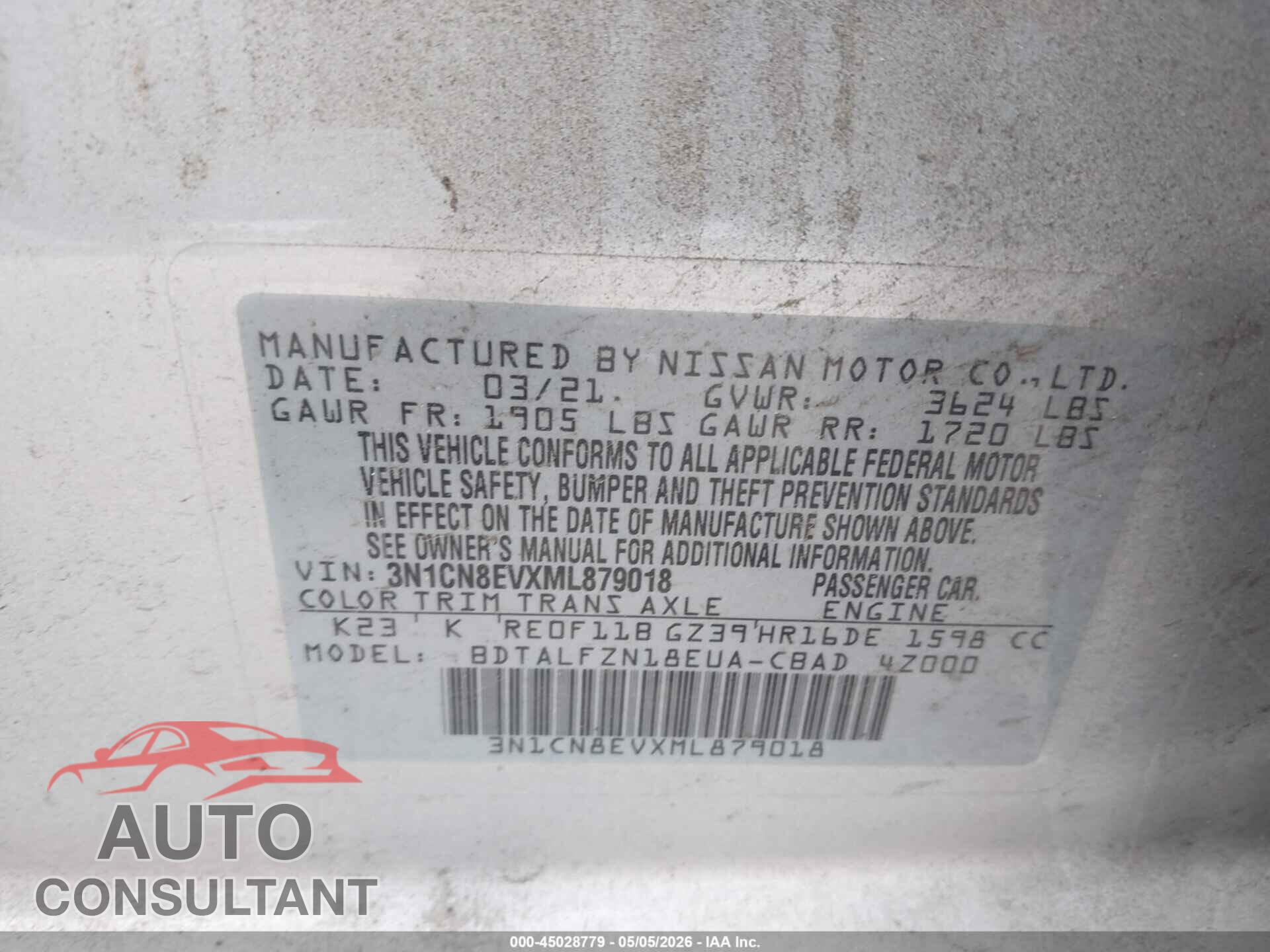 NISSAN VERSA 2021 - 3N1CN8EVXML879018