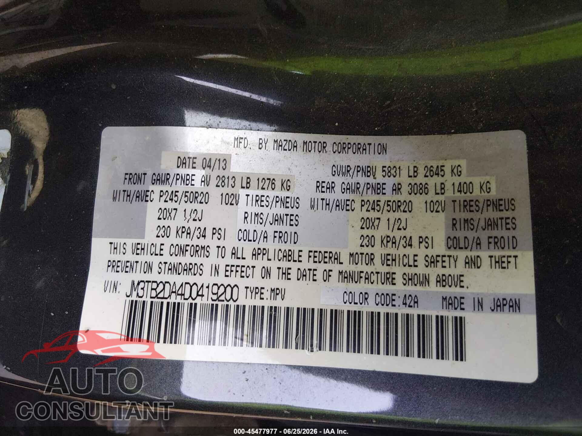 MAZDA CX-9 2013 - JM3TB2DA4D0419200