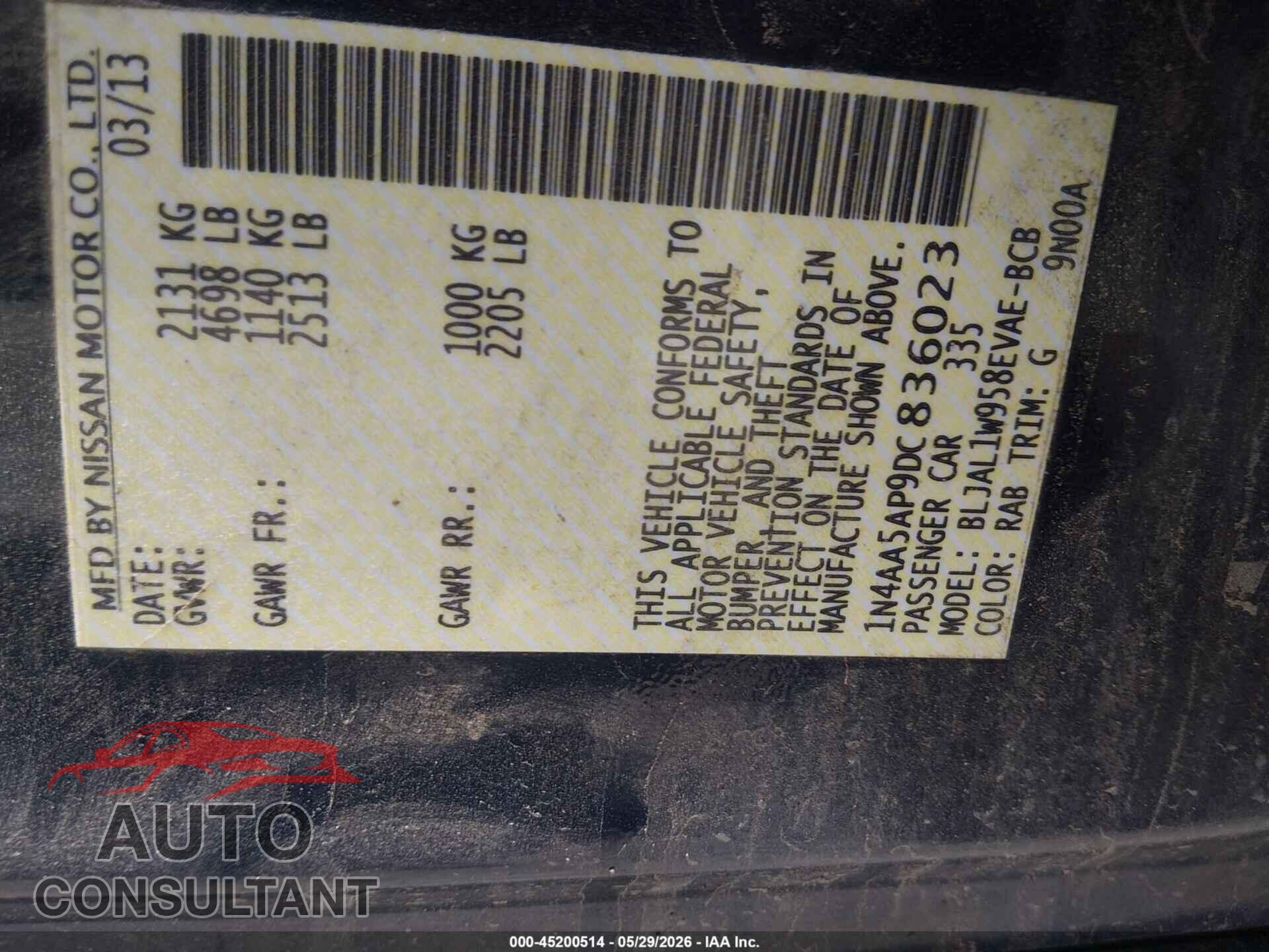 NISSAN MAXIMA 2013 - 1N4AA5AP9DC836023