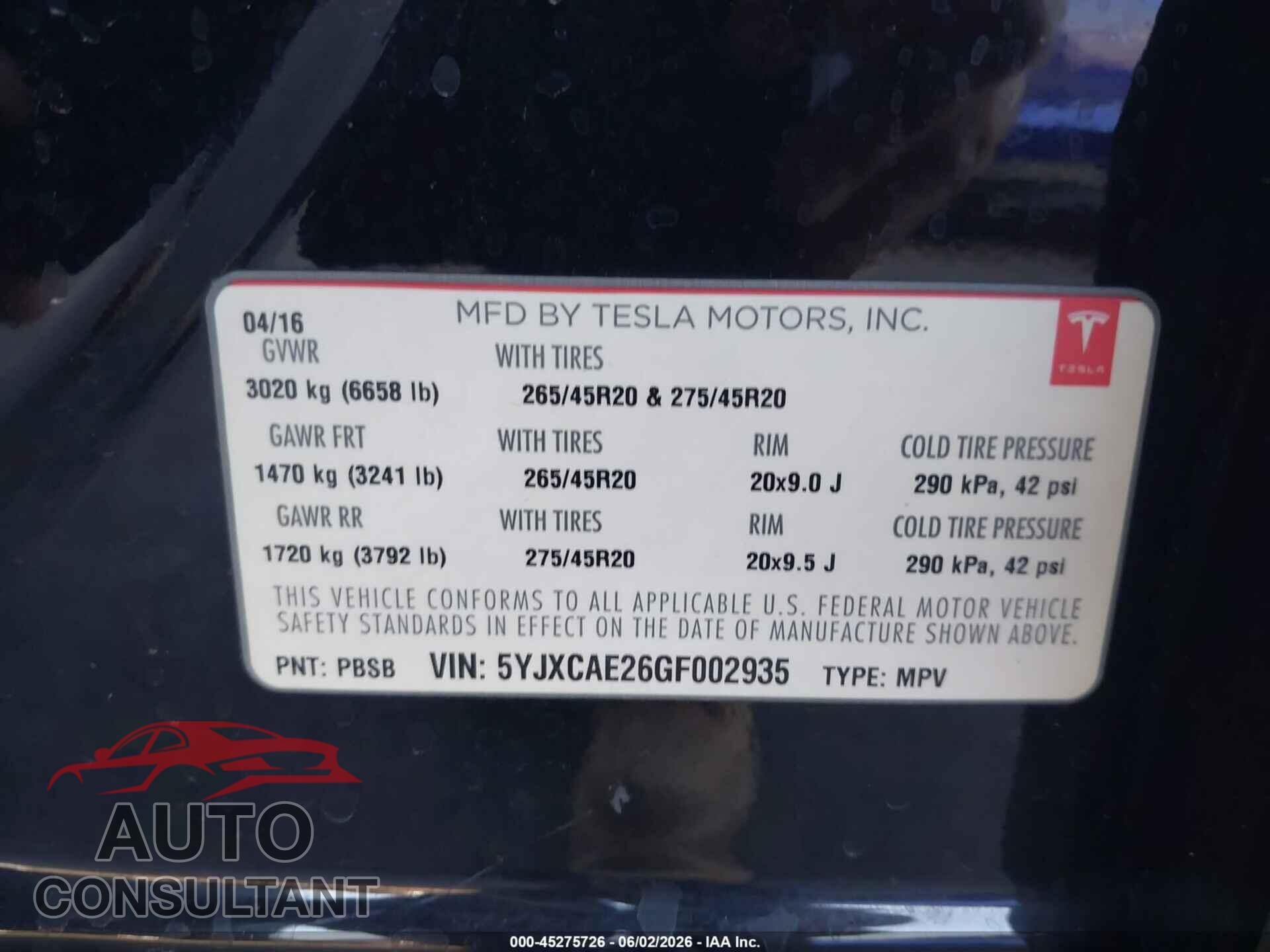 TESLA MODEL X 2016 - 5YJXCAE26GF002935