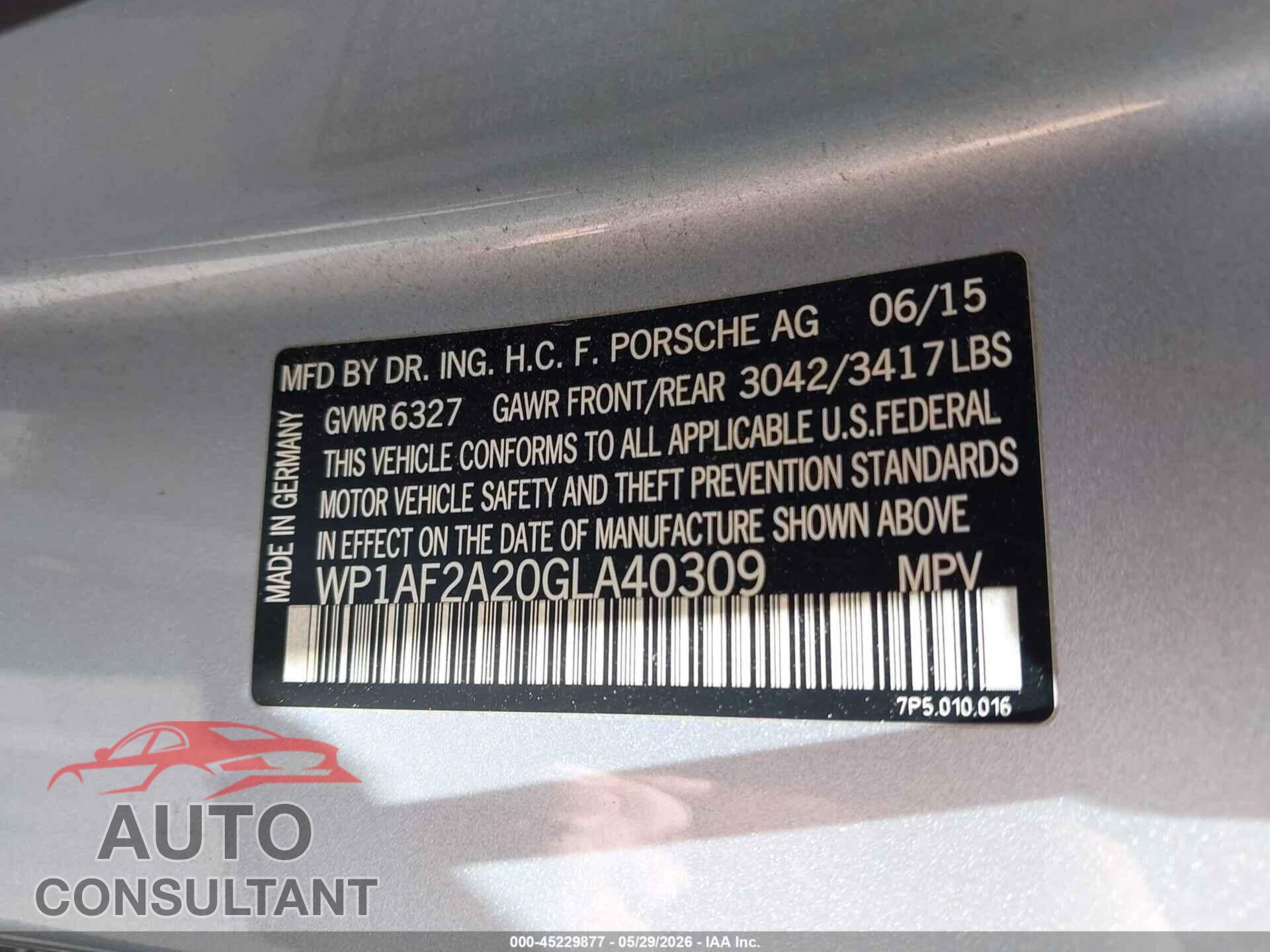 PORSCHE CAYENNE 2016 - WP1AF2A20GLA40309