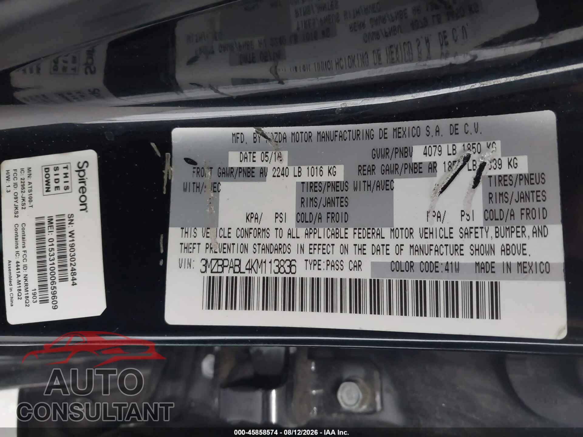 MAZDA MAZDA3 2019 - 3MZBPABL4KM113836