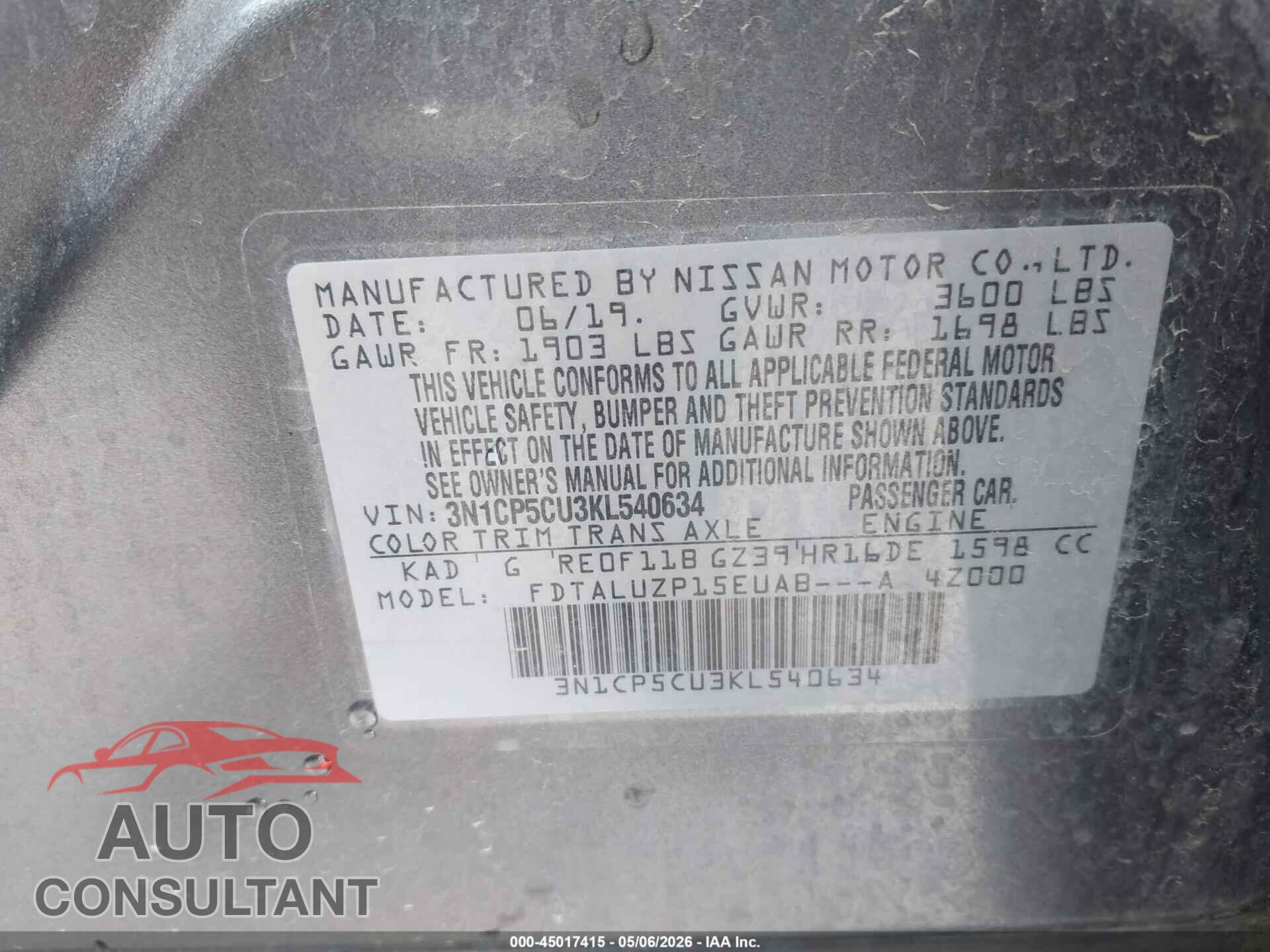 NISSAN KICKS 2019 - 3N1CP5CU3KL540634