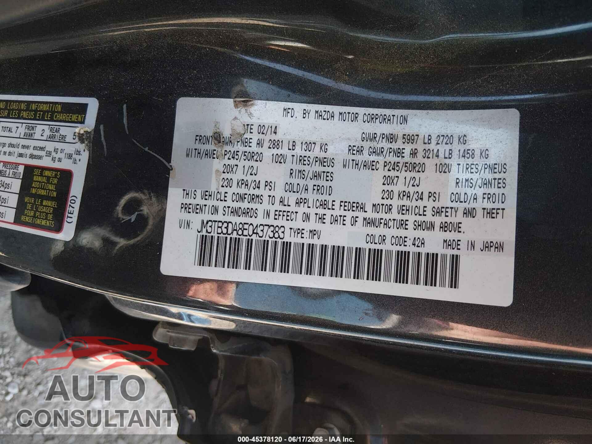 MAZDA CX-9 2014 - JM3TB3DA8E0437383