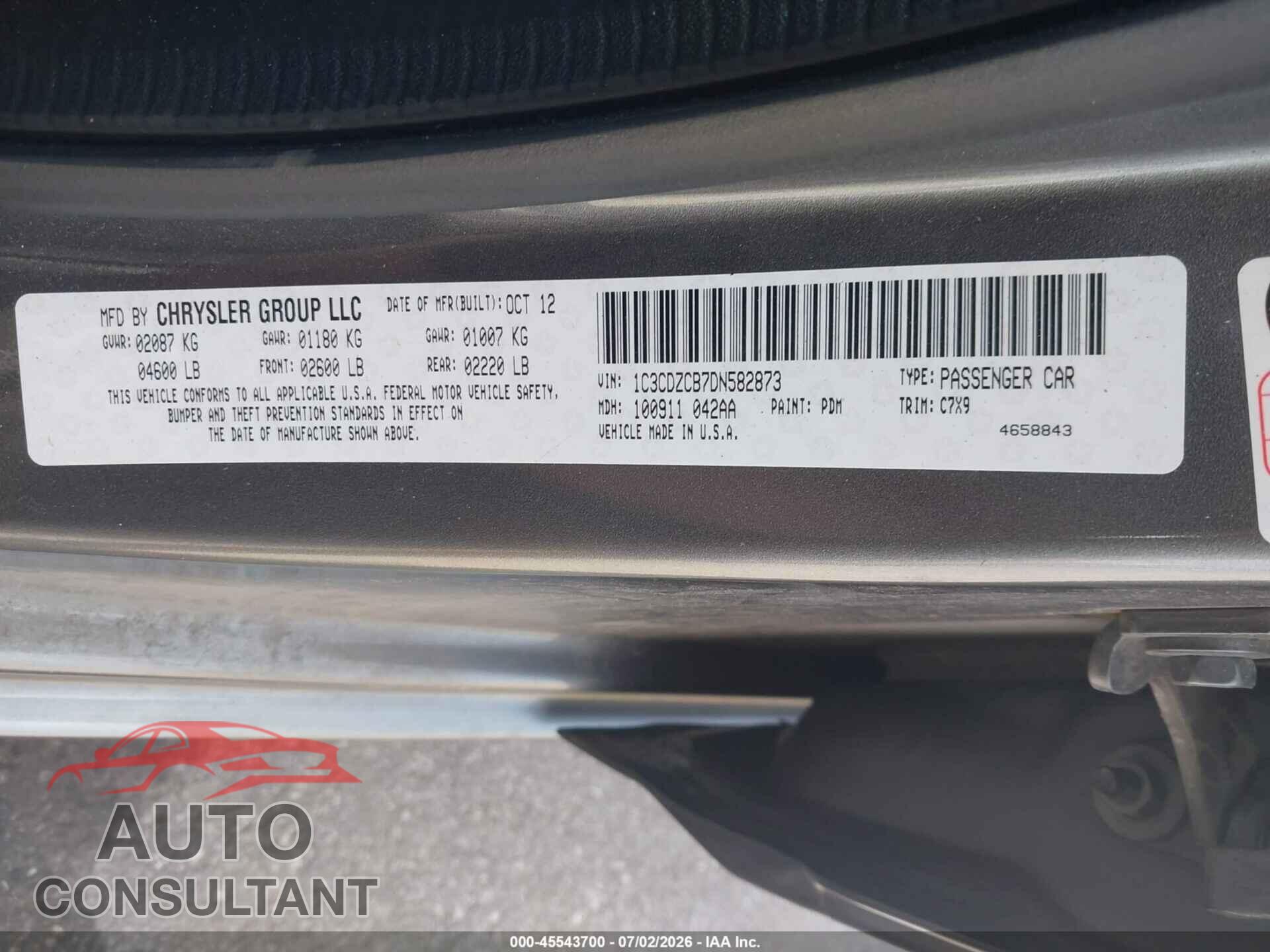 DODGE AVENGER 2013 - 1C3CDZCB7DN582873