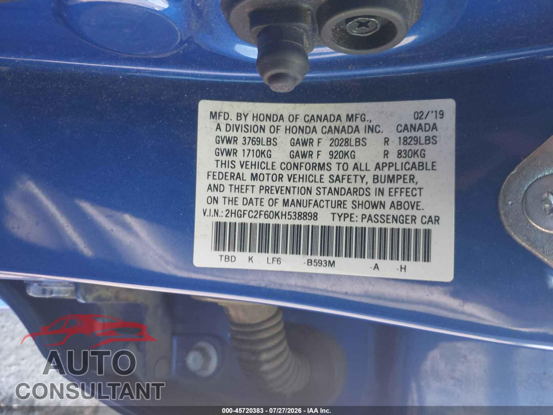 HONDA CIVIC 2019 - 2HGFC2F60KH538898