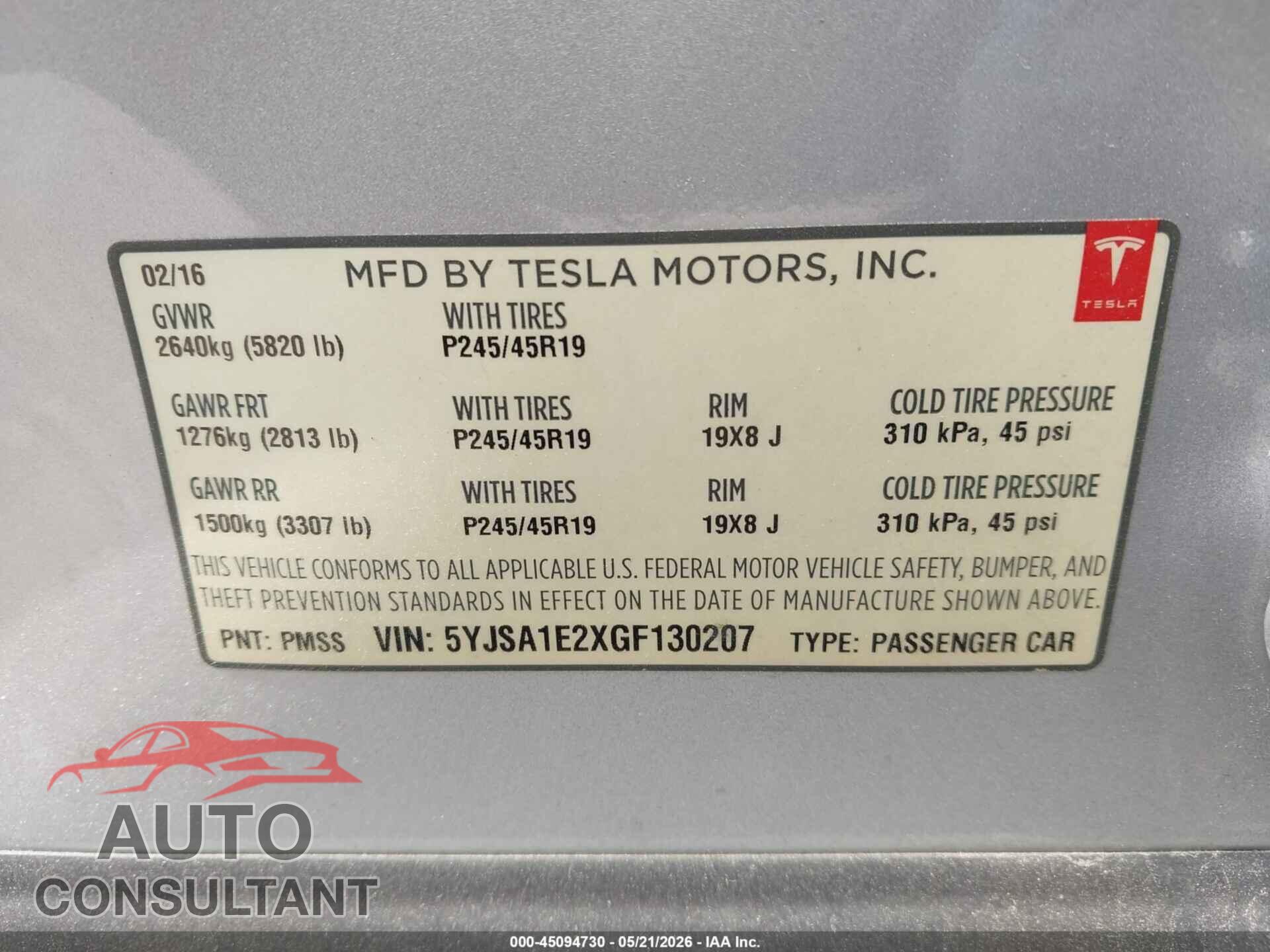 TESLA MODEL S 2016 - 5YJSA1E2XGF130207