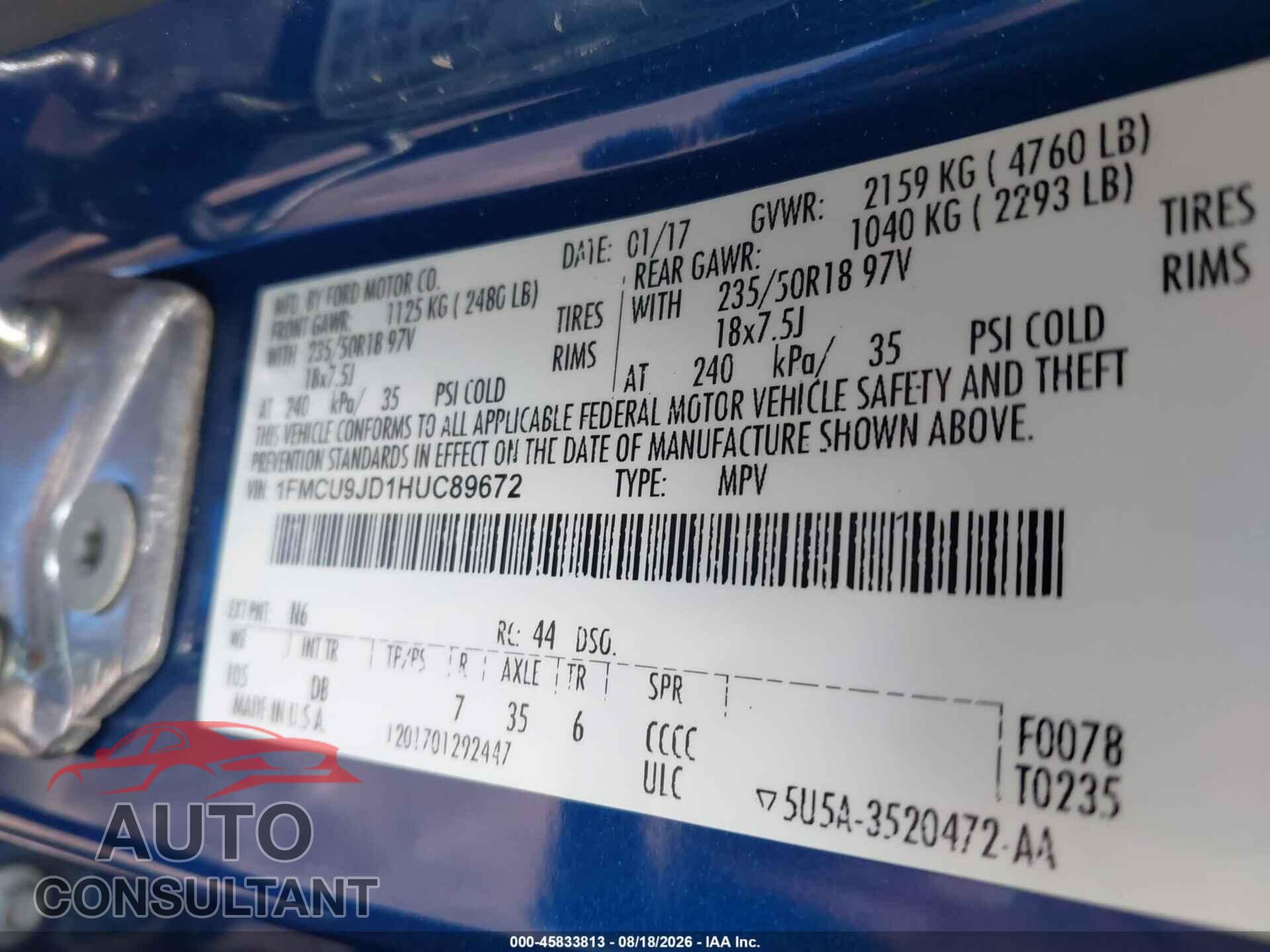 FORD ESCAPE 2017 - 1FMCU9JD1HUC89672