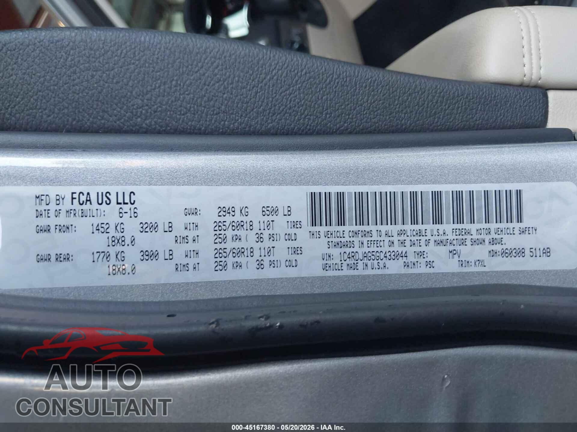 DODGE DURANGO 2016 - 1C4RDJAG5GC433044