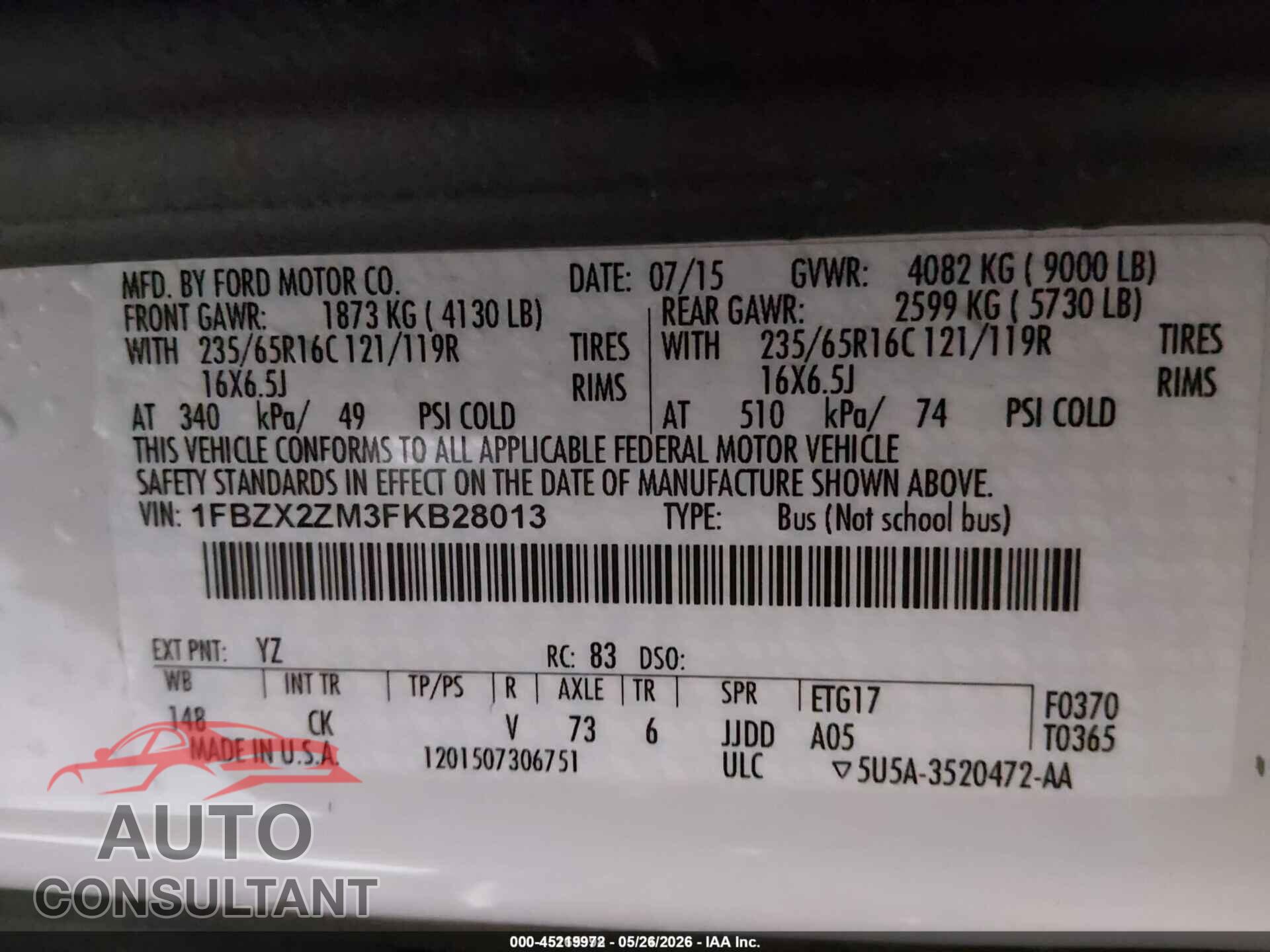 FORD TRANSIT-350 2015 - 1FBZX2ZM3FKB28013