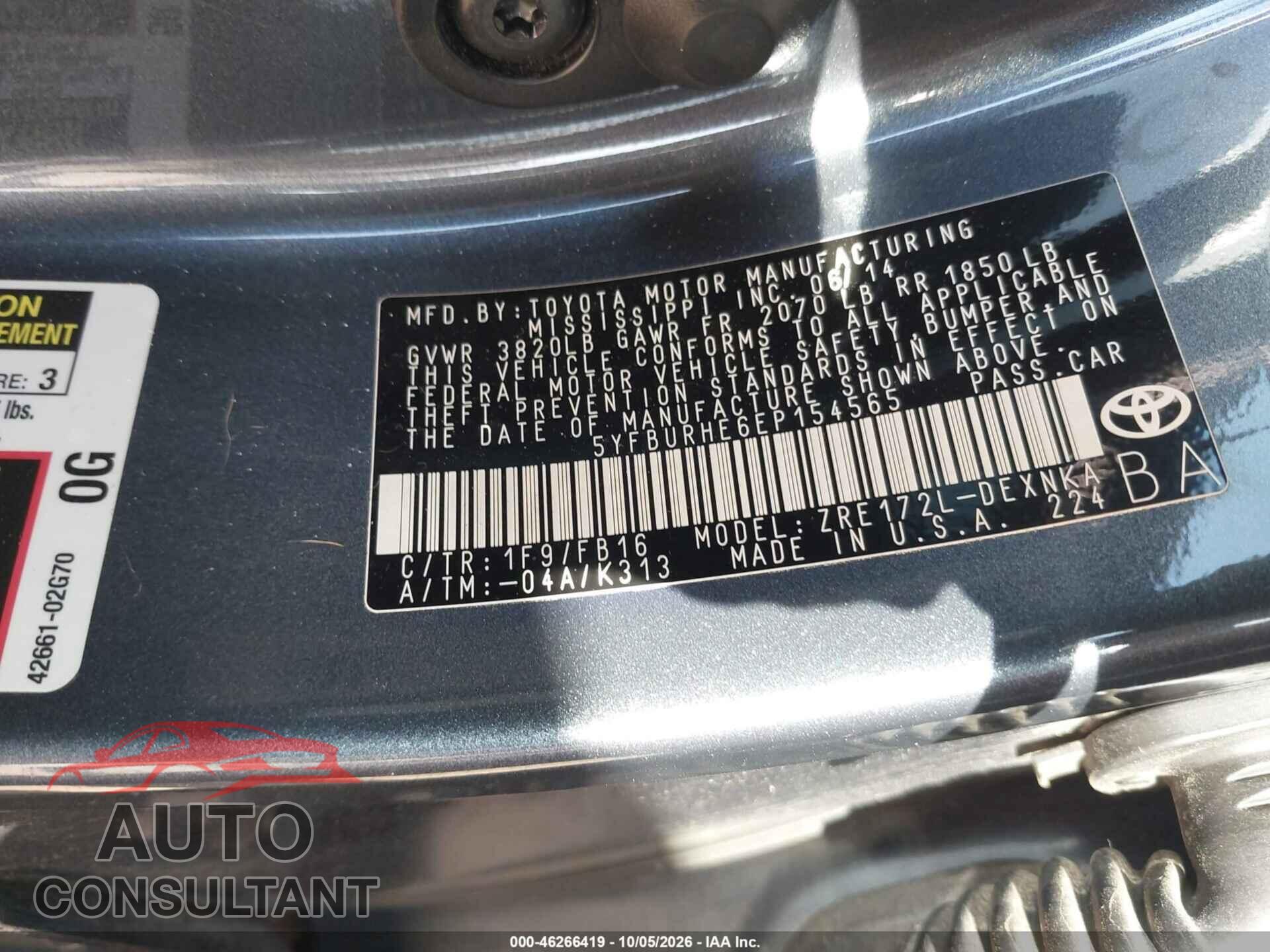 TOYOTA COROLLA 2014 - 5YFBURHE6EP154565
